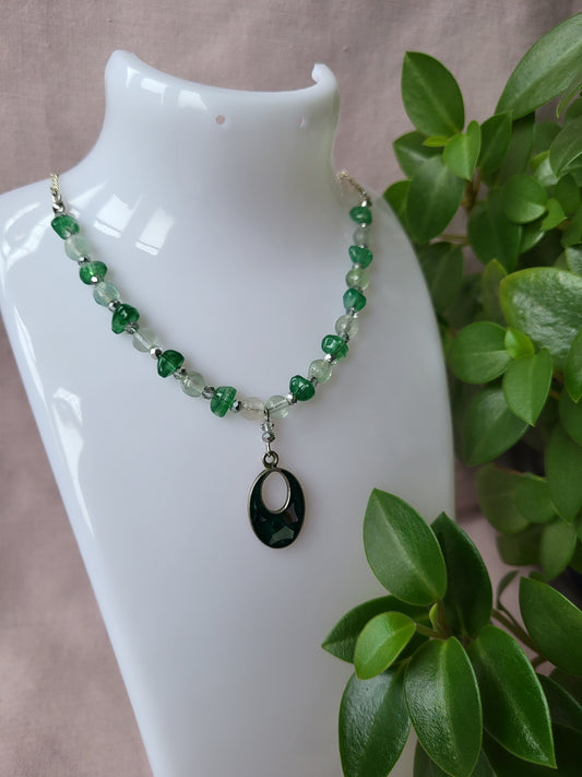 Green and Silver Upcycled Beaded Necklace with Shell Inlay Pendant