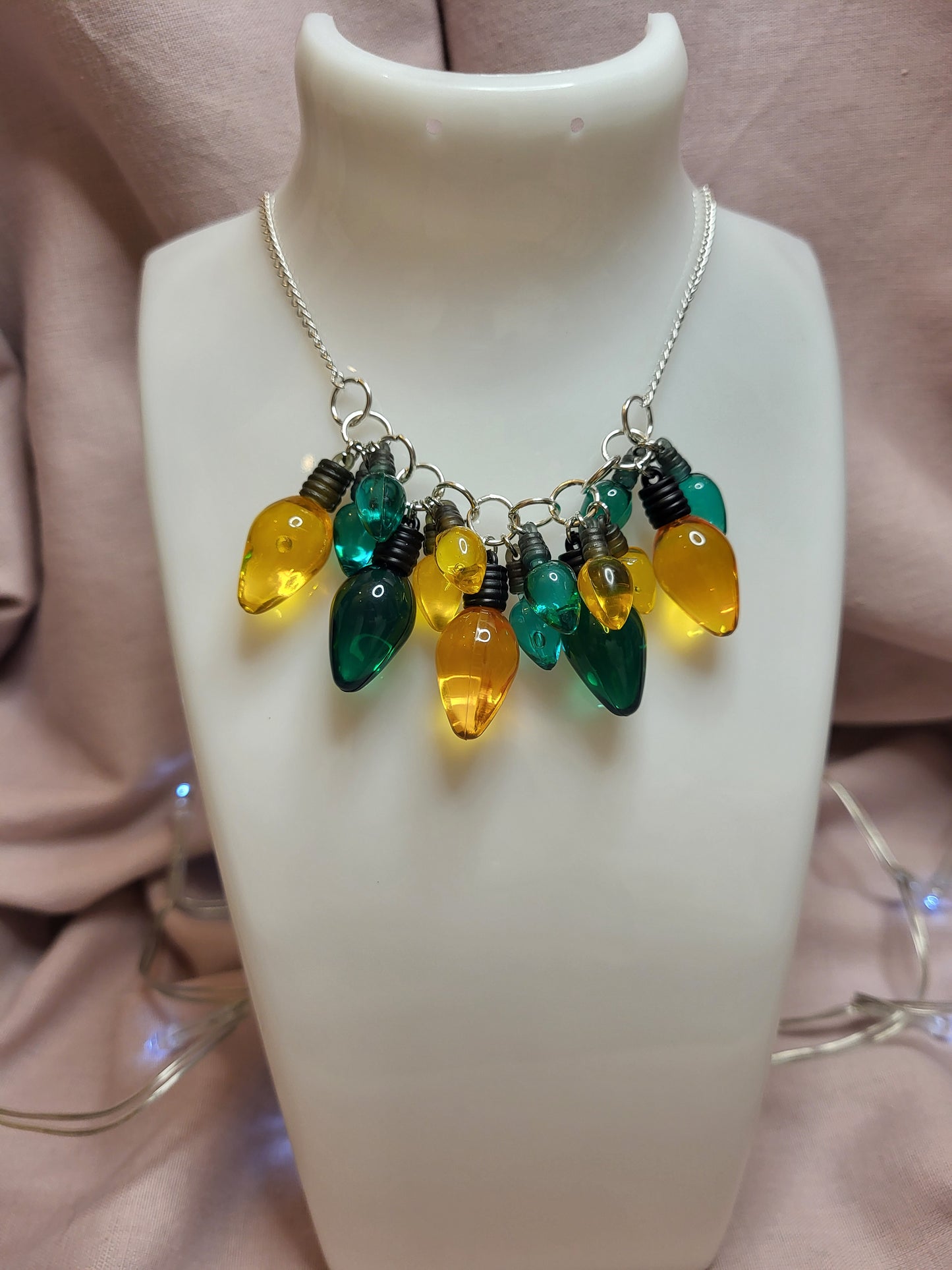 Green and Gold Christmas Lights Statement Bib Necklace. Bold Christmas Necklace. Fairy Lights Jewellery