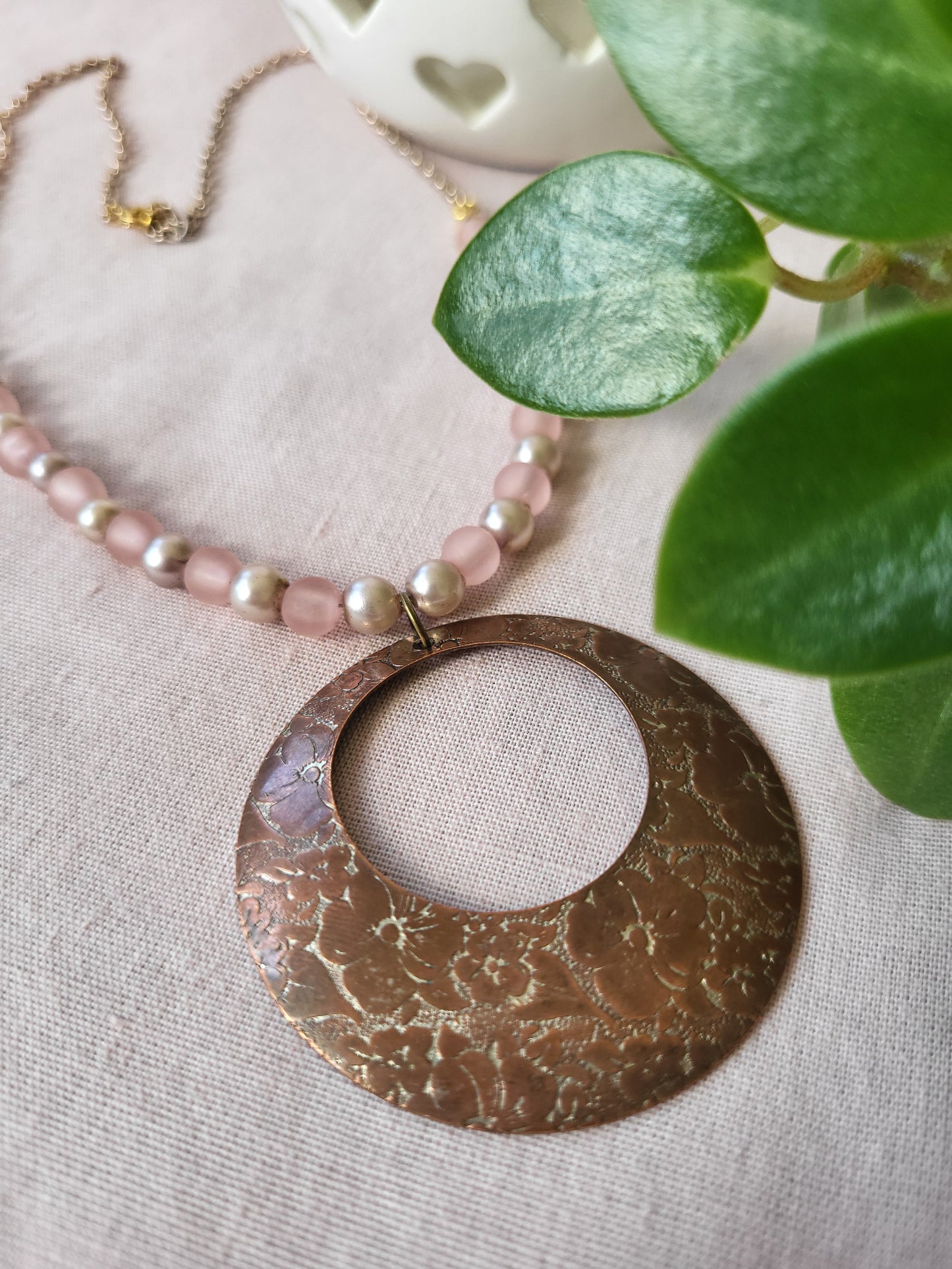 Upcycled Statement Necklace in Pink and Copper. One of a Kind.