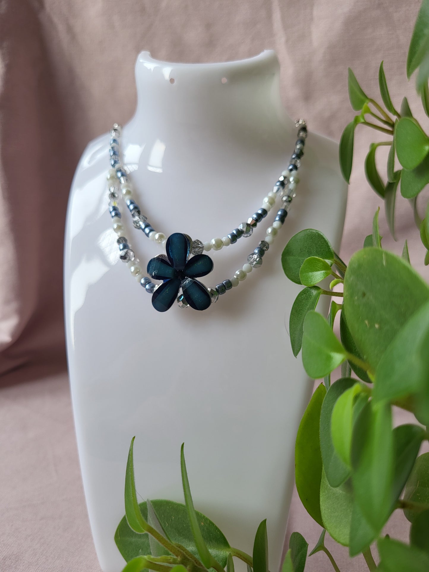 Upcycled Navy Blue and White Flower Beaded Necklace