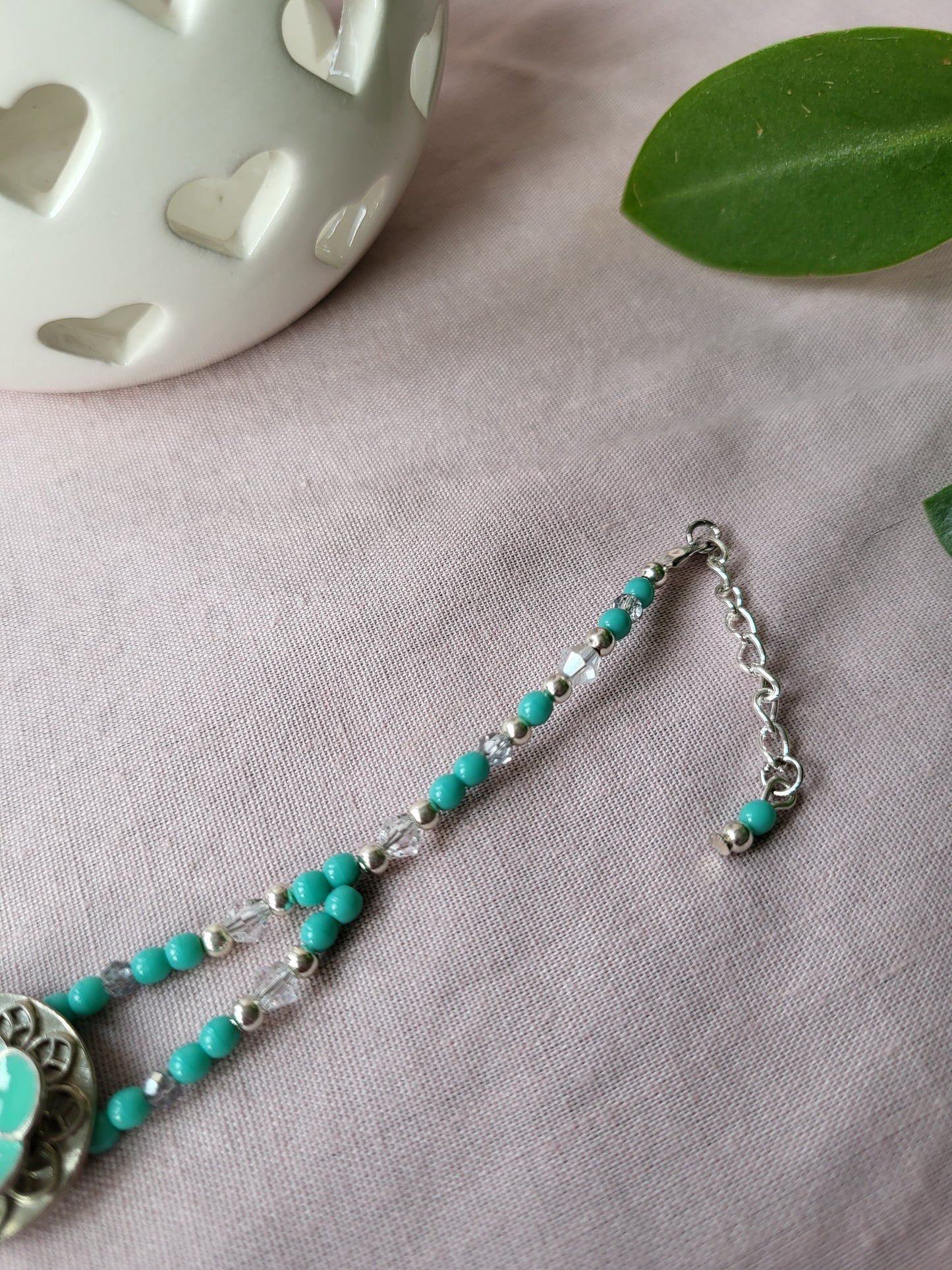 Upcycled Turquoise and Silver Beaded Bracelet with Flower Detail