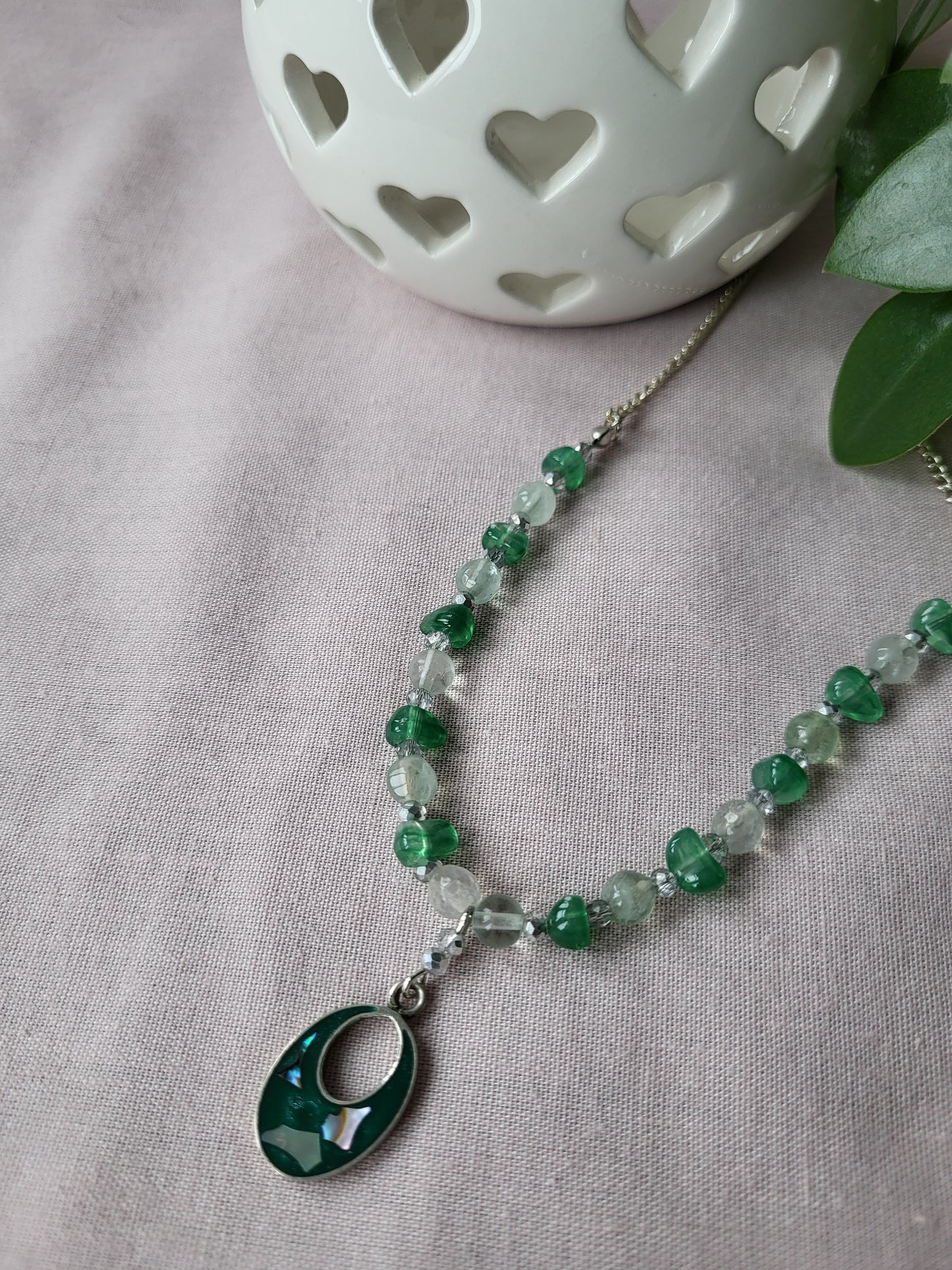 Green and Silver Upcycled Beaded Necklace with Shell Inlay Pendant