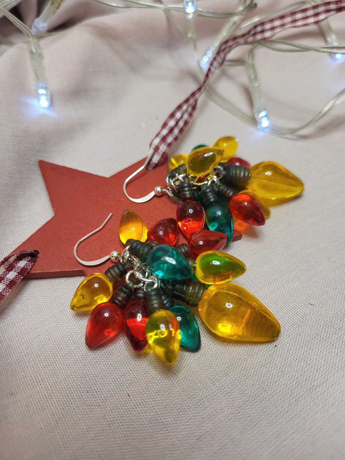 Gold, Red and Green Christmas Light Statement Earrings. Clip On or Nickel Free Wires. Novelty Christmas Jewellery. Fun Earrings.
