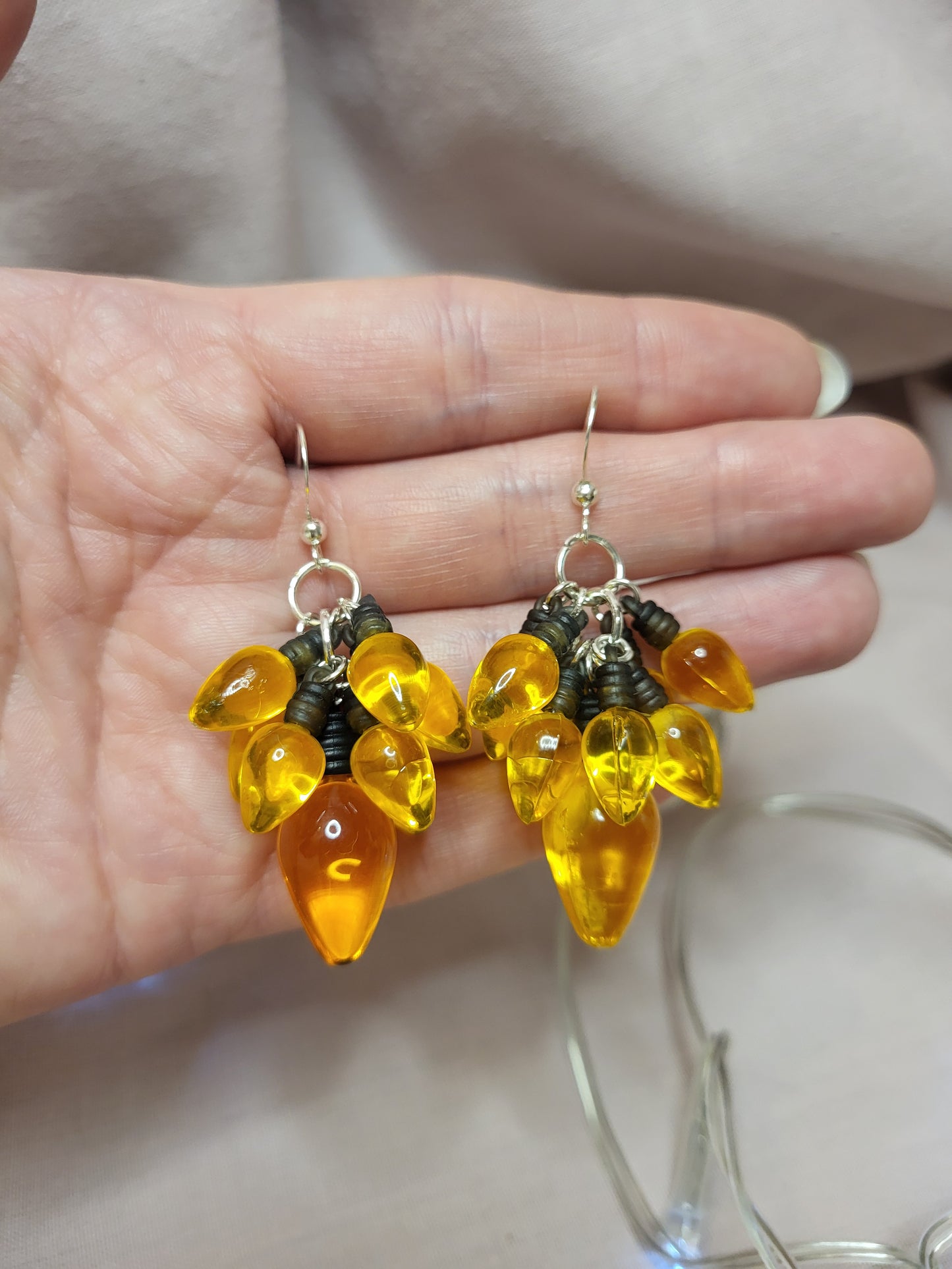 Yellow Gold Christmas Light Statement Earrings. Clip On or Nickel Free Wires. Fairy Light Earrings. Christmas Lover Gift.