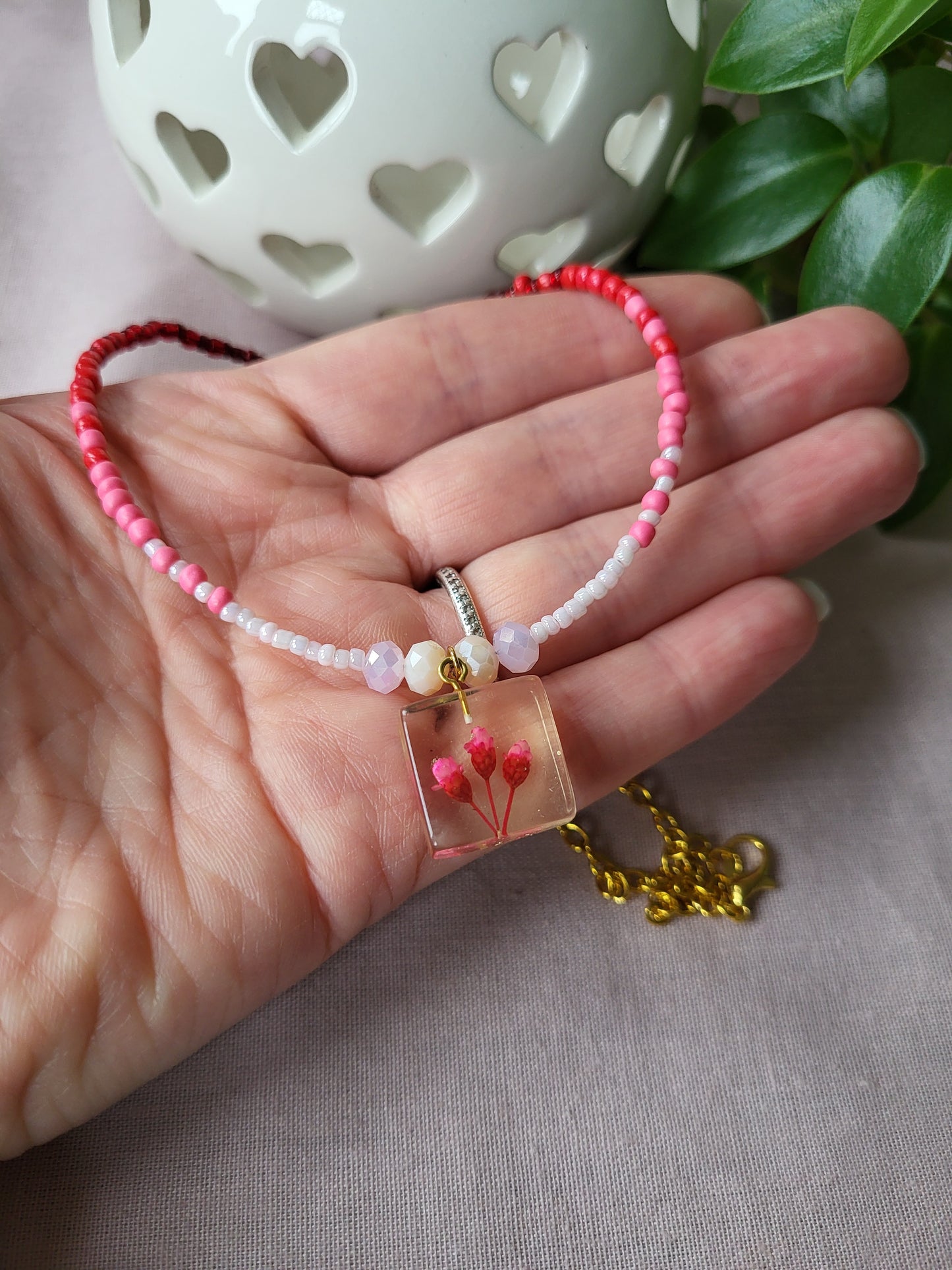 Red, Pink and White Floral Dainty Beaded Upcycled Necklace