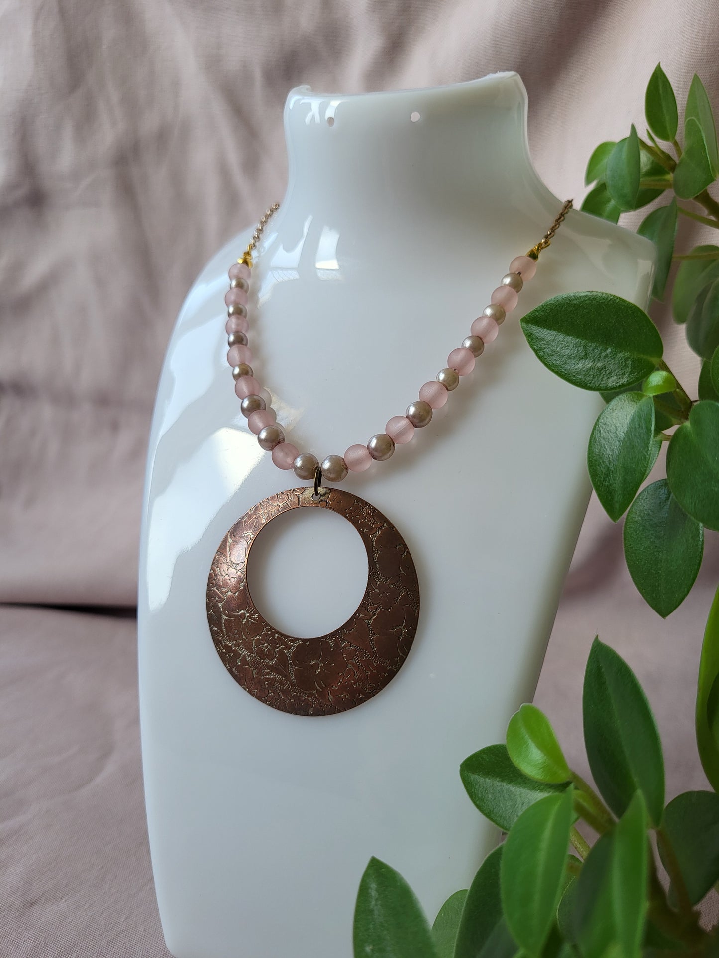 Upcycled Statement Necklace in Pink and Copper. One of a Kind.