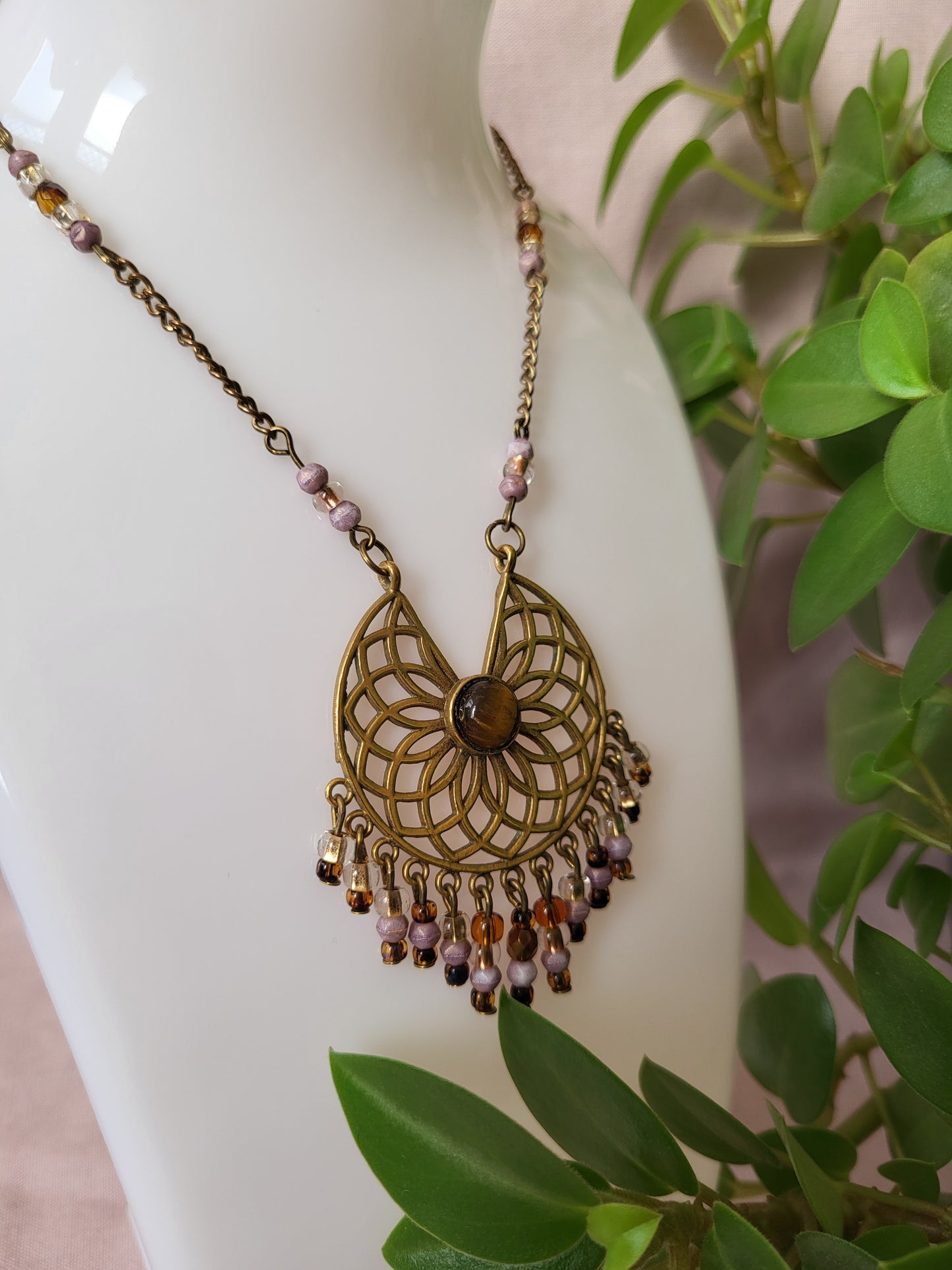 Gold Tone Pendant with Beaded Tassels. Upcycled and One of a Kind