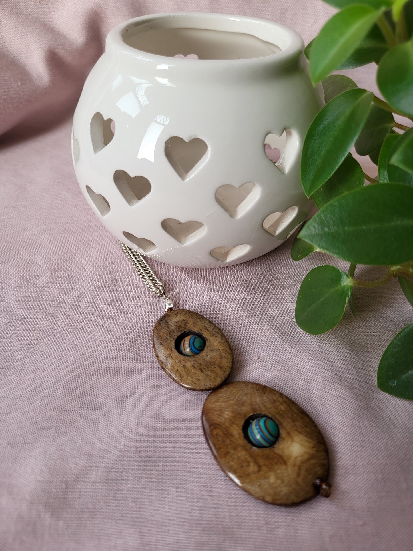 Wood Effect Double Oval Pendant with Blue Malachite Centre. Upcycled and One of a Kind