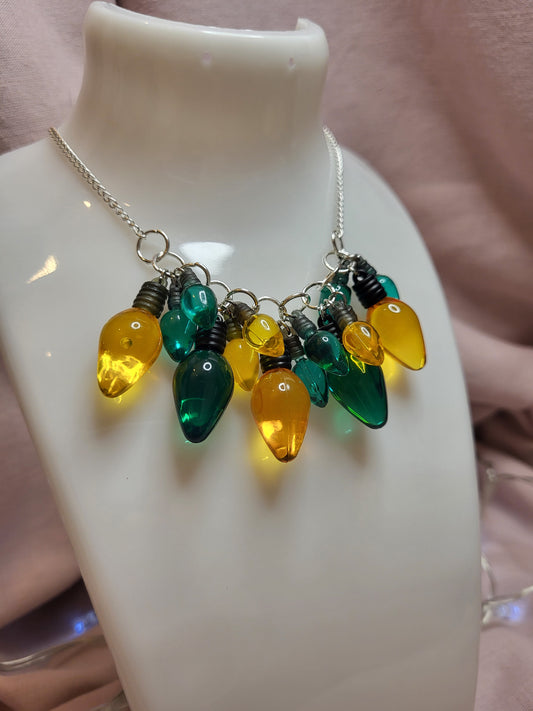 Green and Gold Christmas Lights Statement Bib Necklace. Bold Christmas Necklace. Fairy Lights Jewellery