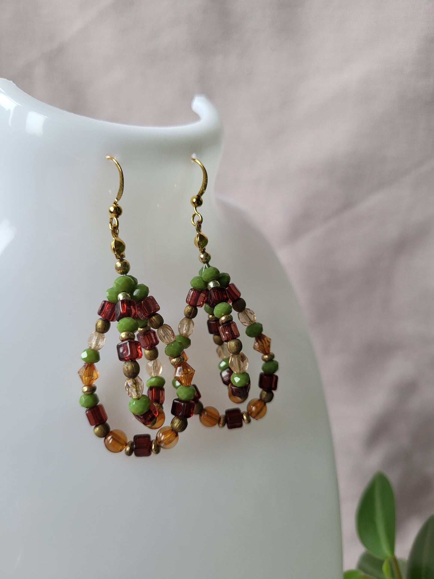 Autumnal Colours Beaded Earrings. Upcycled. Clip On or Wires
