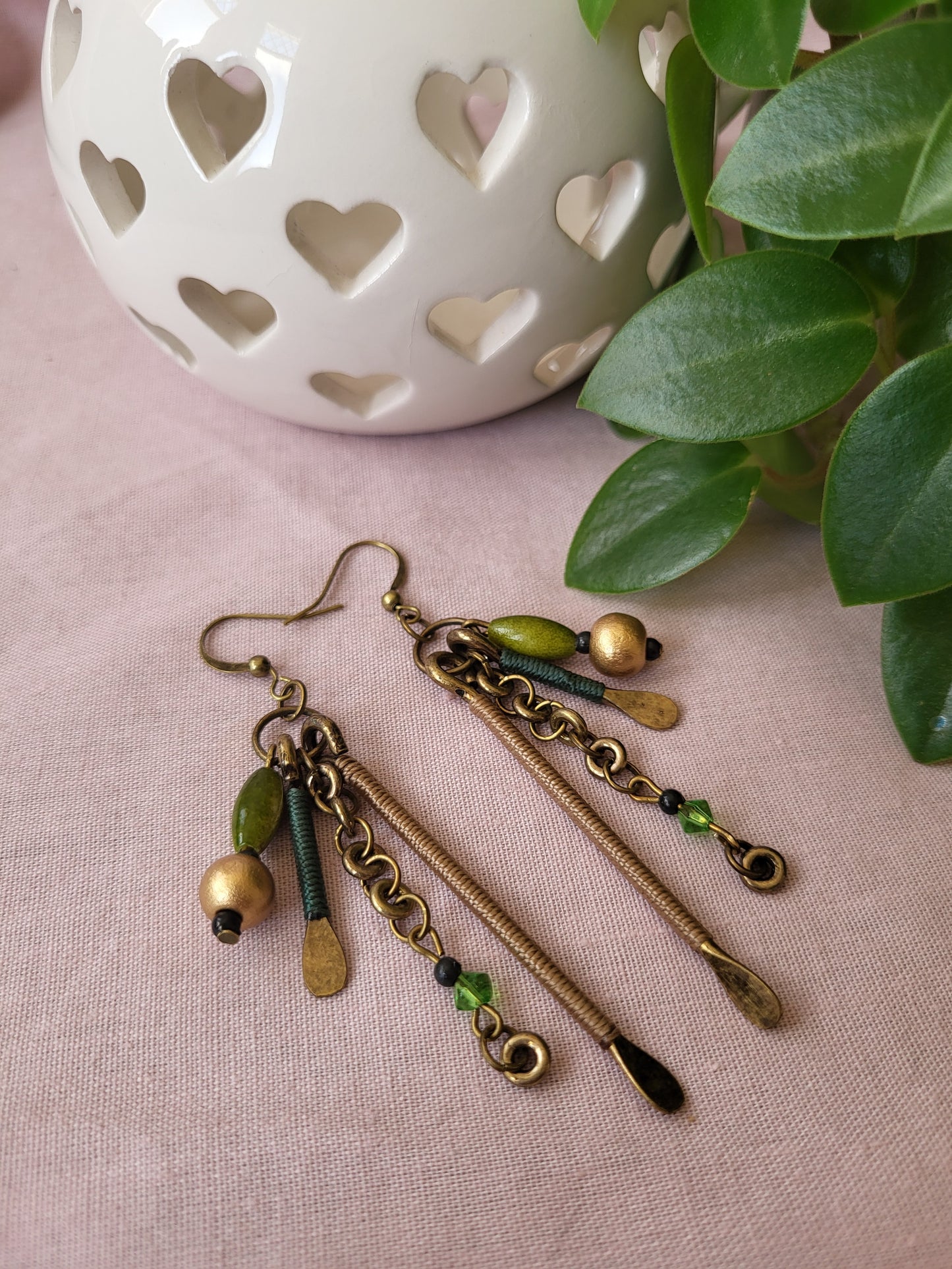 Upcycled Multistrand Gold and Green One of a Kind Earrings. Clip On or Nickel Free Wires