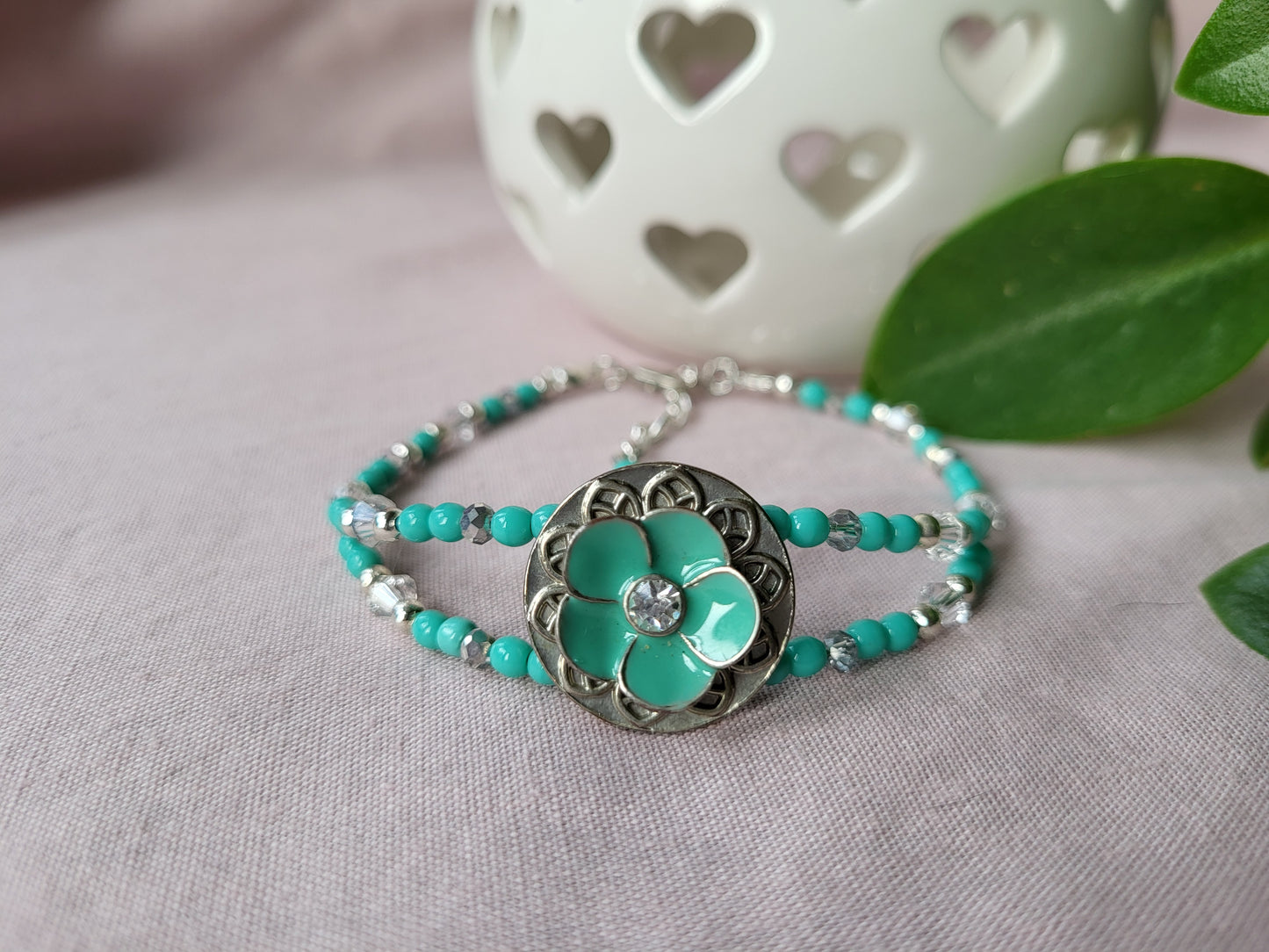 Upcycled Turquoise and Silver Beaded Bracelet with Flower Detail