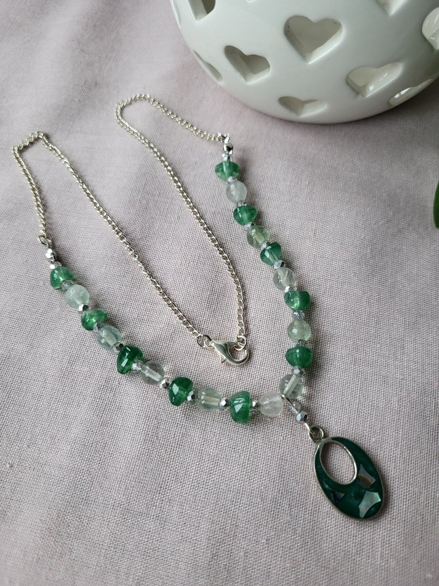 Green and Silver Upcycled Beaded Necklace with Shell Inlay Pendant