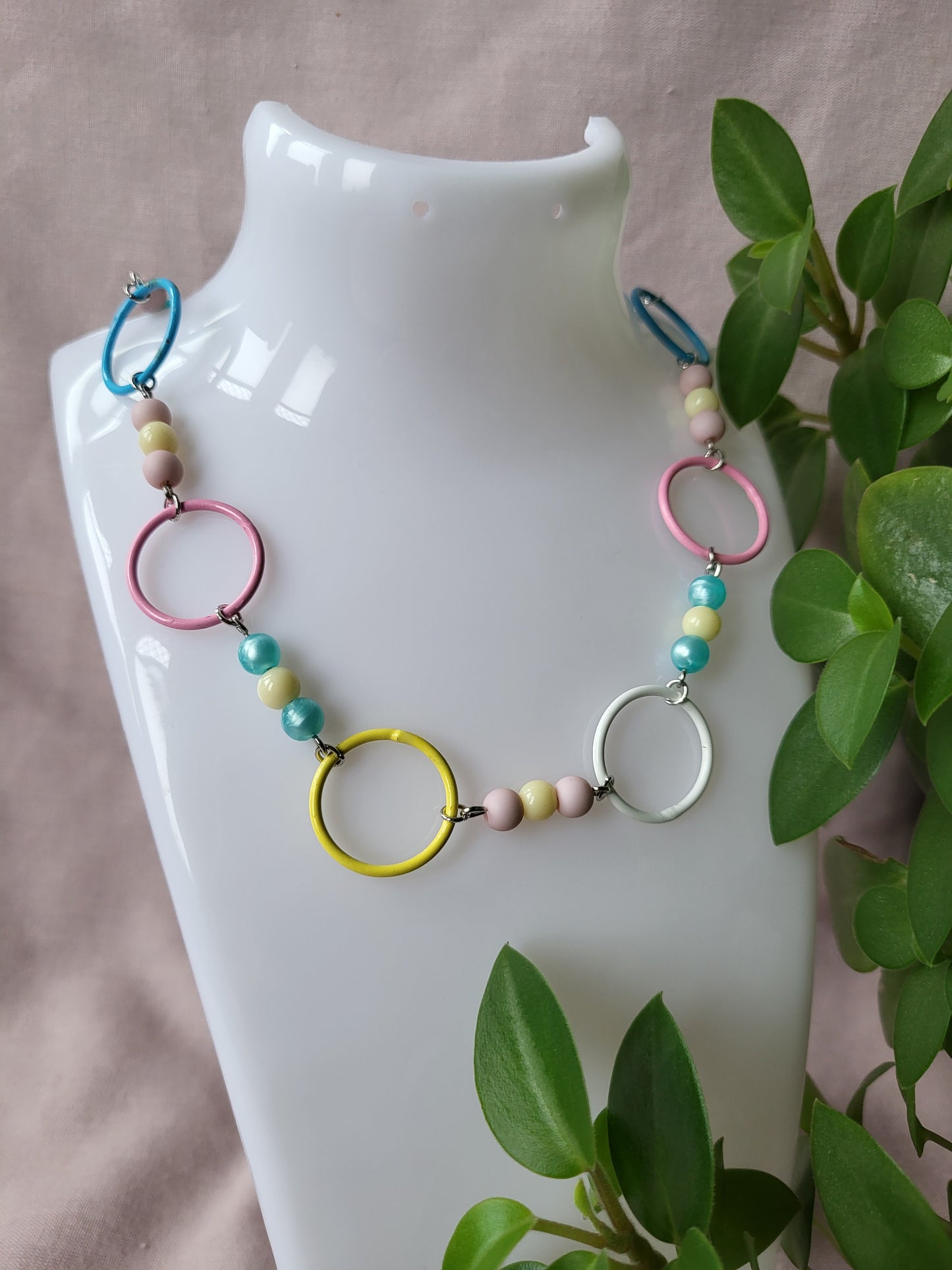 Pastel Coloured Upcycled Beaded and Ring Necklace