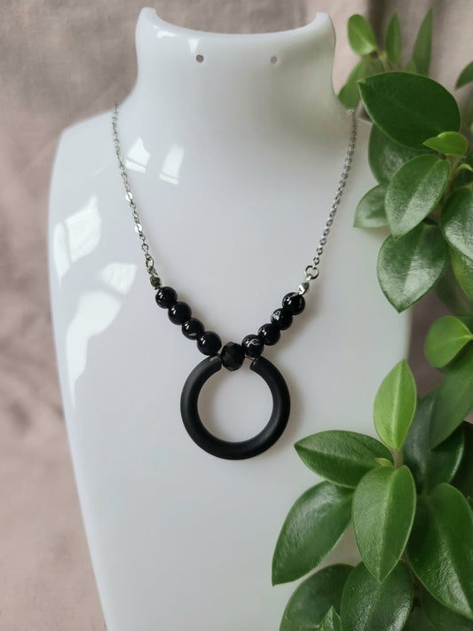 Black and White Beaded Upcycled Necklace with Silver Chain and Black Ring Pendant