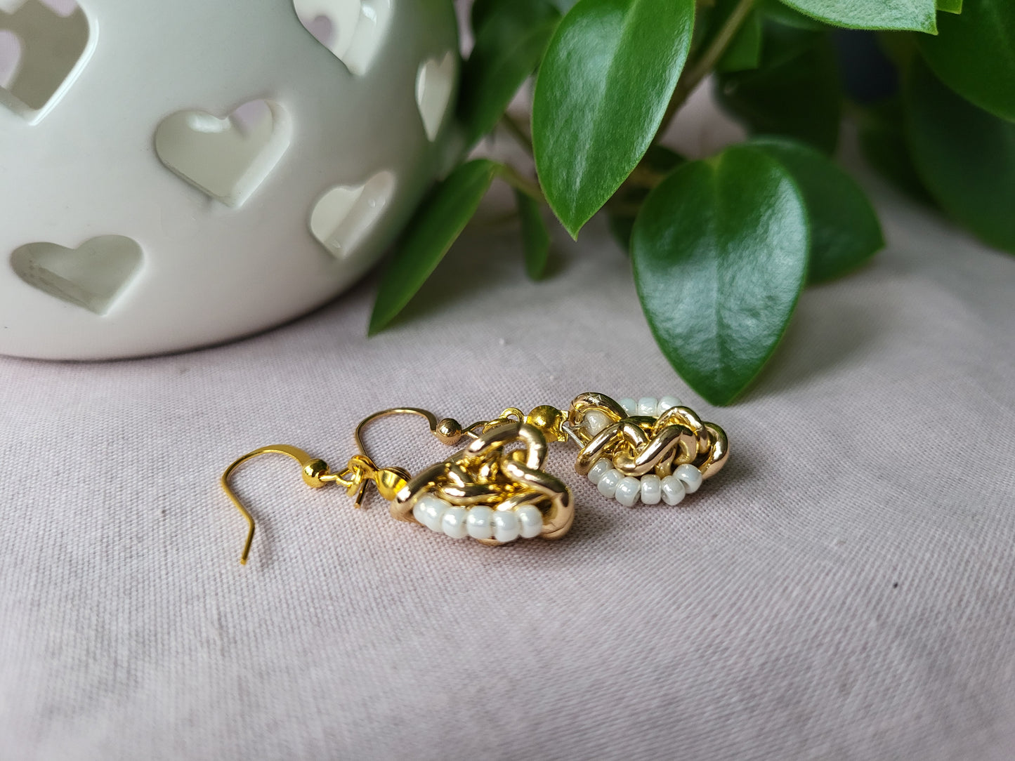 Gold and White Upcycled Earrings. Clip on or Wires