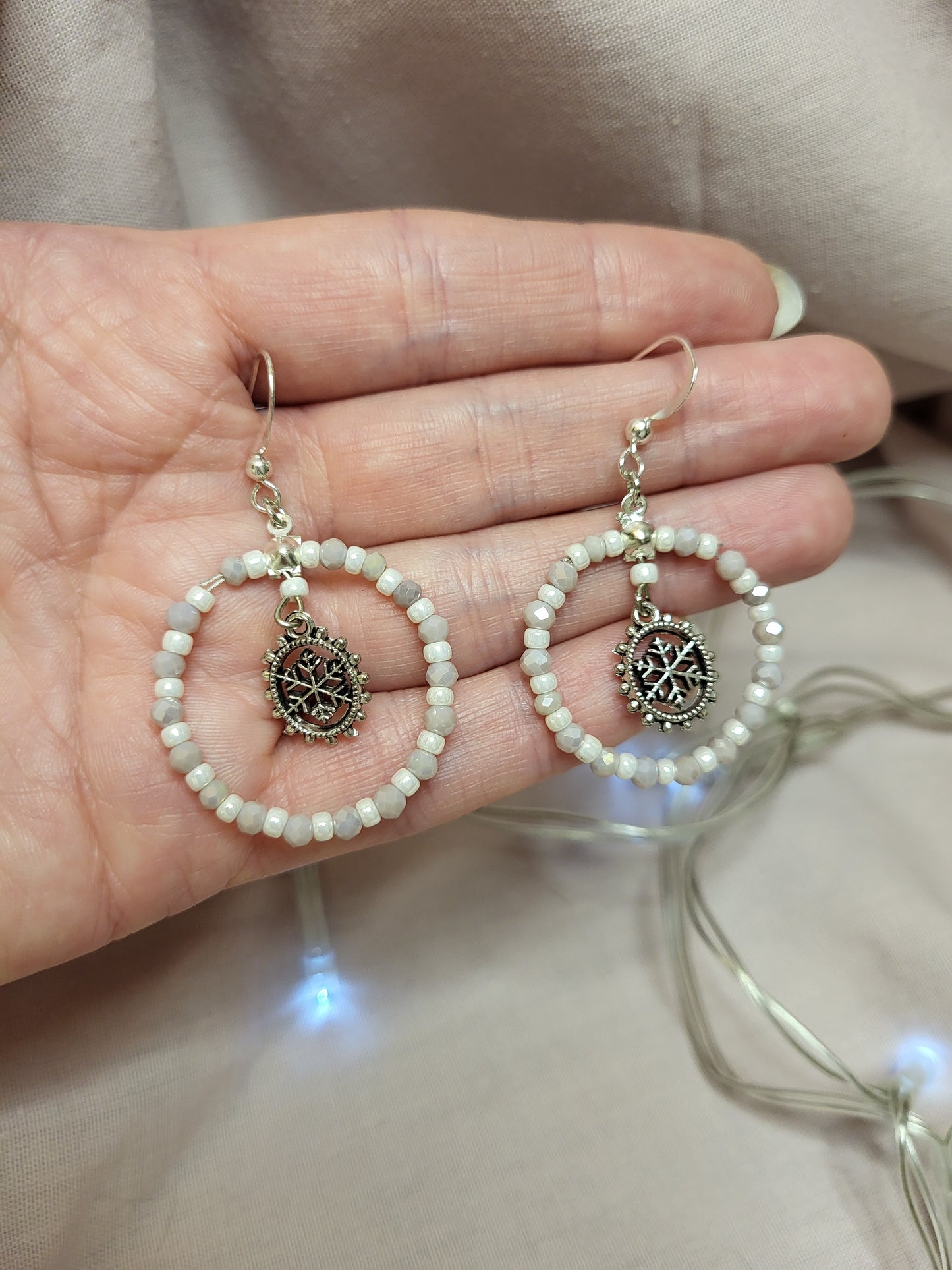 Lilac and White Beaded Snowflake Ring Earrings. Clip On or Nickel Free Wires. Christmas Earrings. Winter Jewellery.