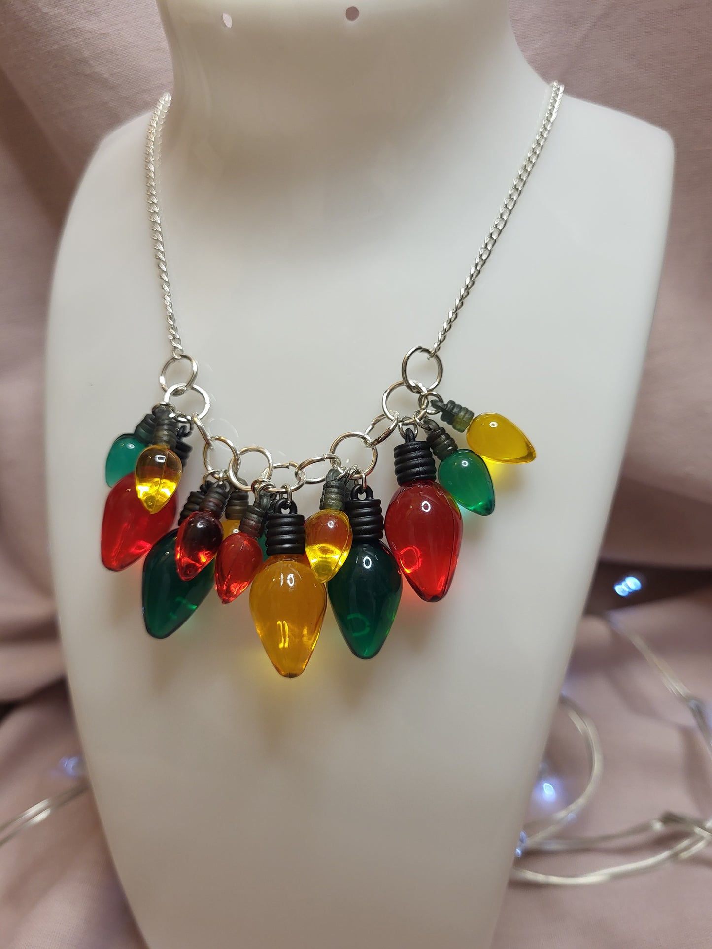Red, Green and Gold Christmas Lights Statement Bib Necklace. Fairy Lights Necklace. Christmas Lover Jewellery