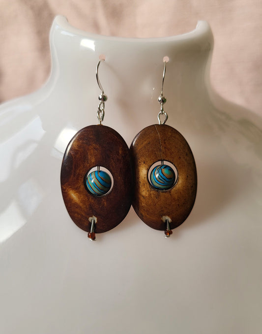 Wood Effect Oval Earrings with Blue Malachite Centre. Upcycled and One of a Kind. Clip On or Nickel Free Wires
