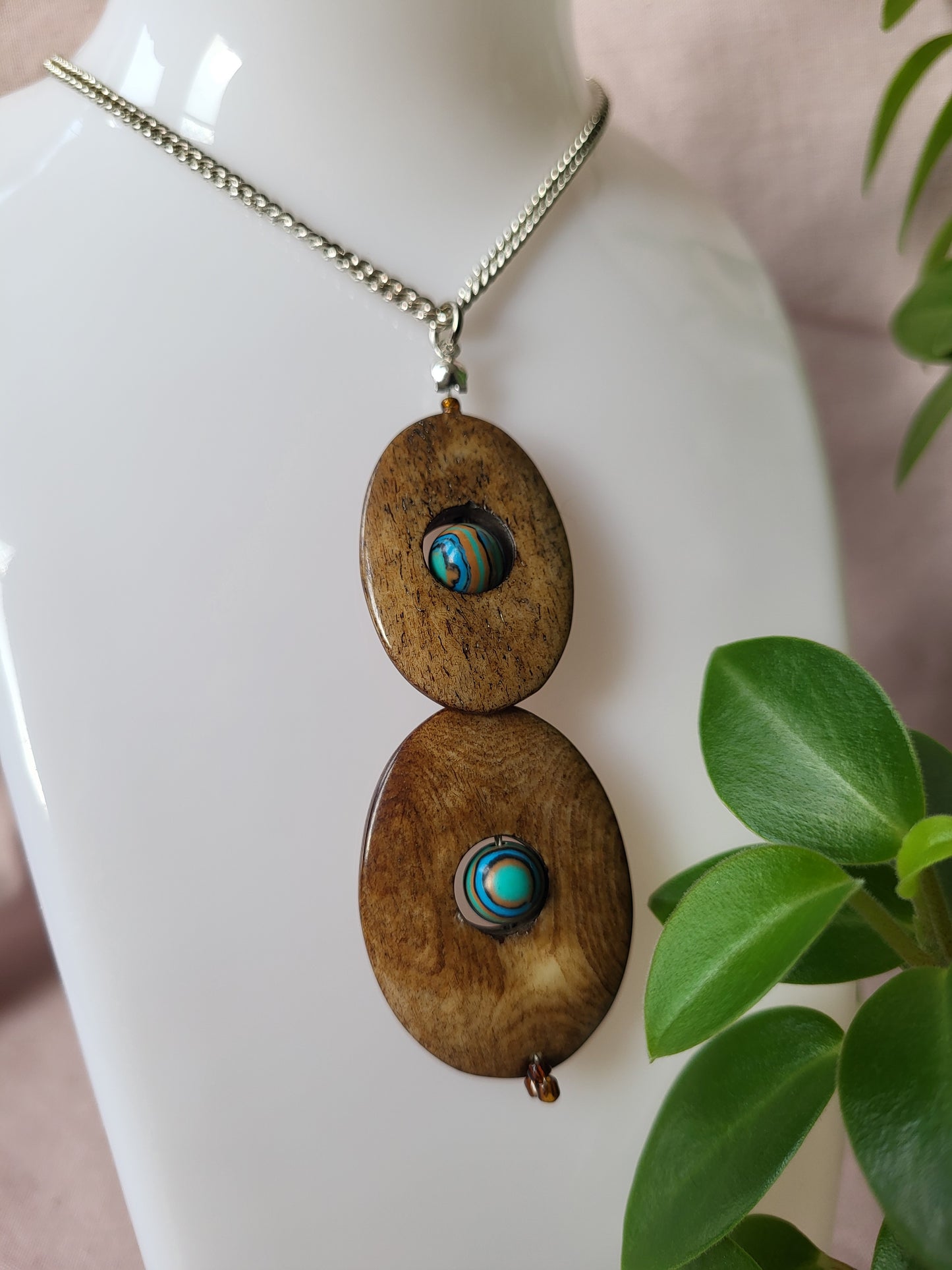 Wood Effect Double Oval Pendant with Blue Malachite Centre. Upcycled and One of a Kind