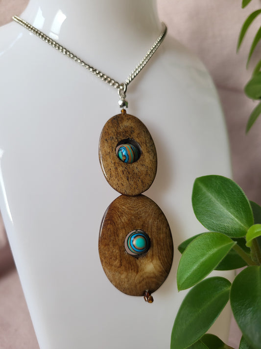 Wood Effect Double Oval Pendant with Blue Malachite Centre. Upcycled and One of a Kind