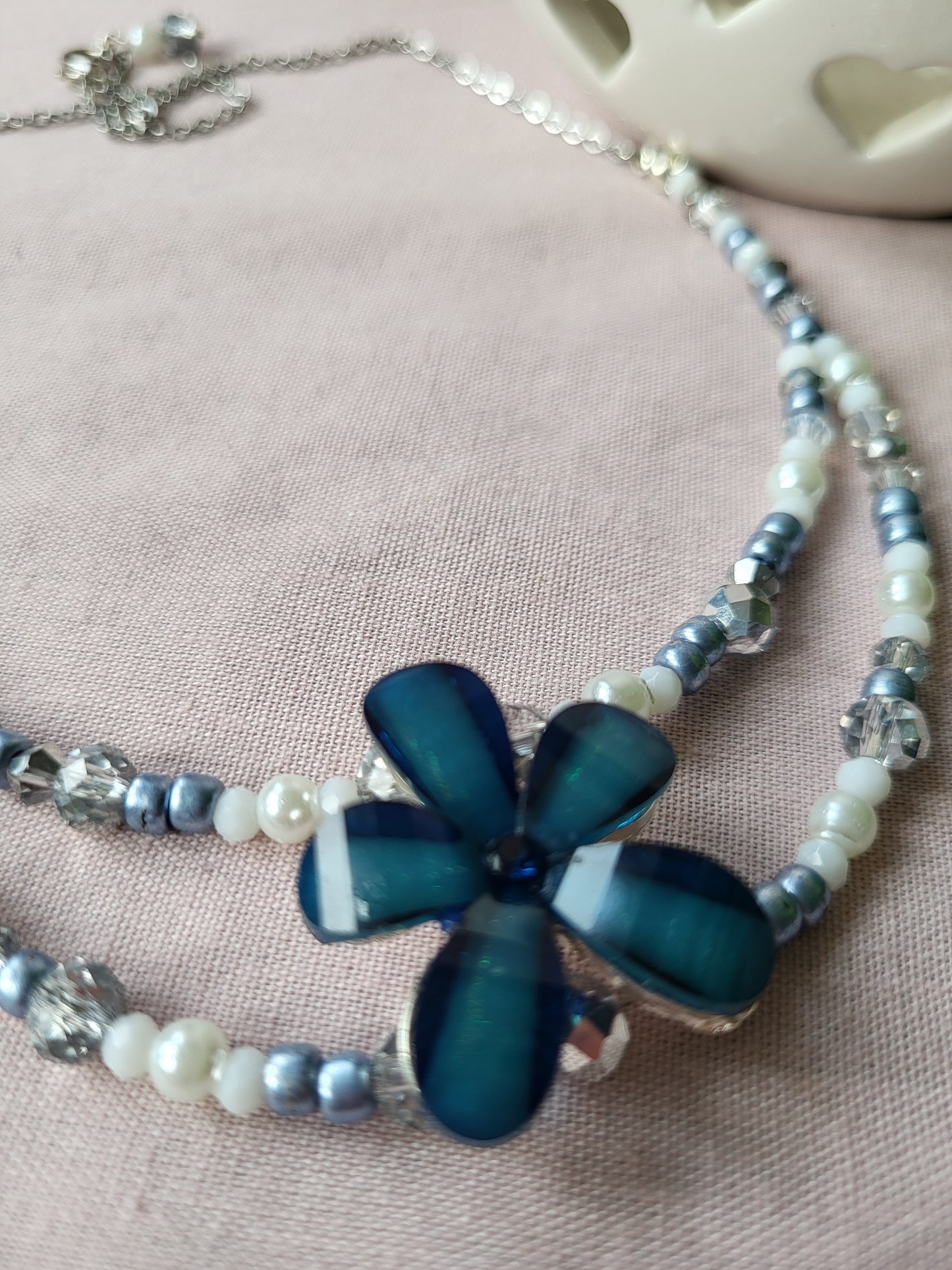 Upcycled Navy Blue and White Flower Beaded Necklace