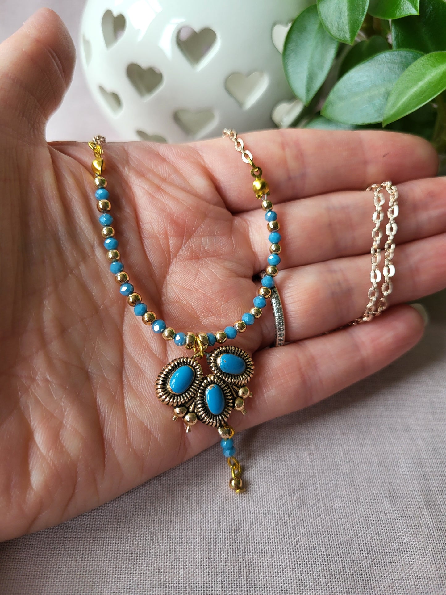 Gold and Duck Egg Blue Dainty Upcycled Necklace