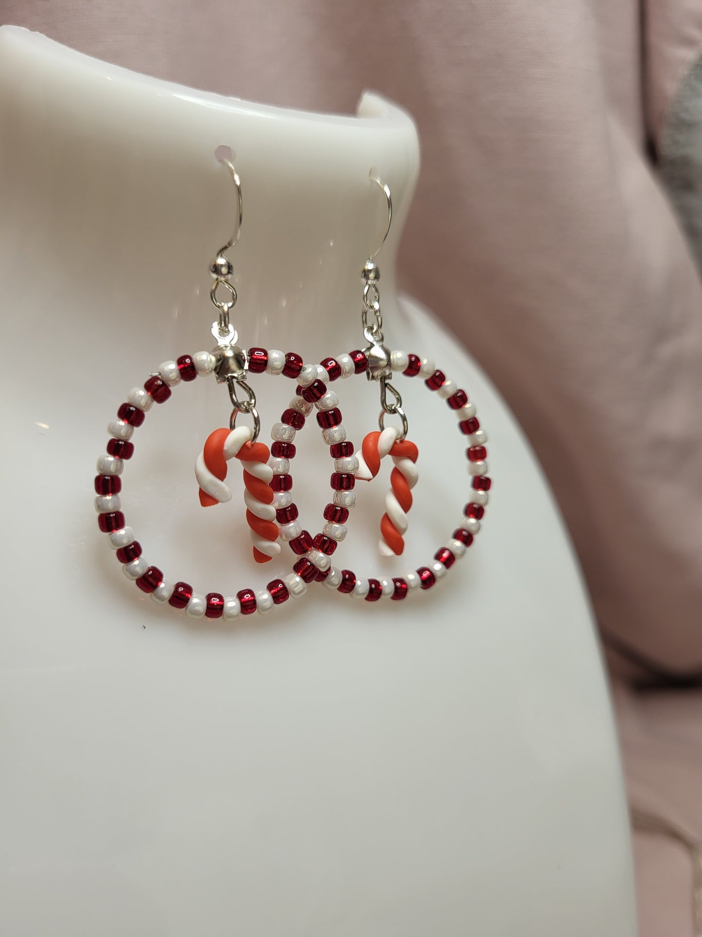Red and White Candy Cane Beaded Ring Earrings. Clip On or Nickel Free Wires. Christmas  Earrings. One of a Kind.