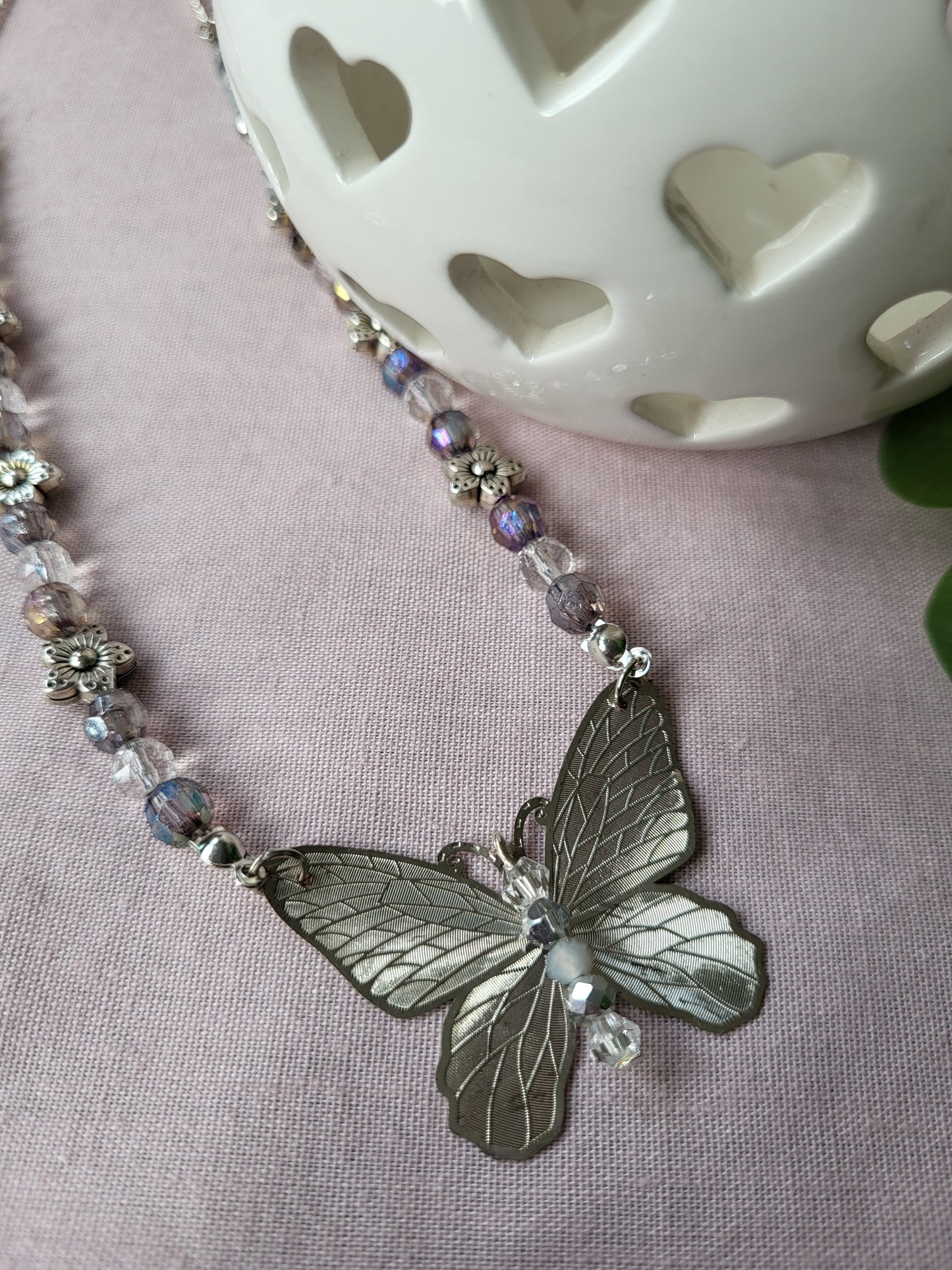 Upcycled Silver Beaded Butterfly Necklace
