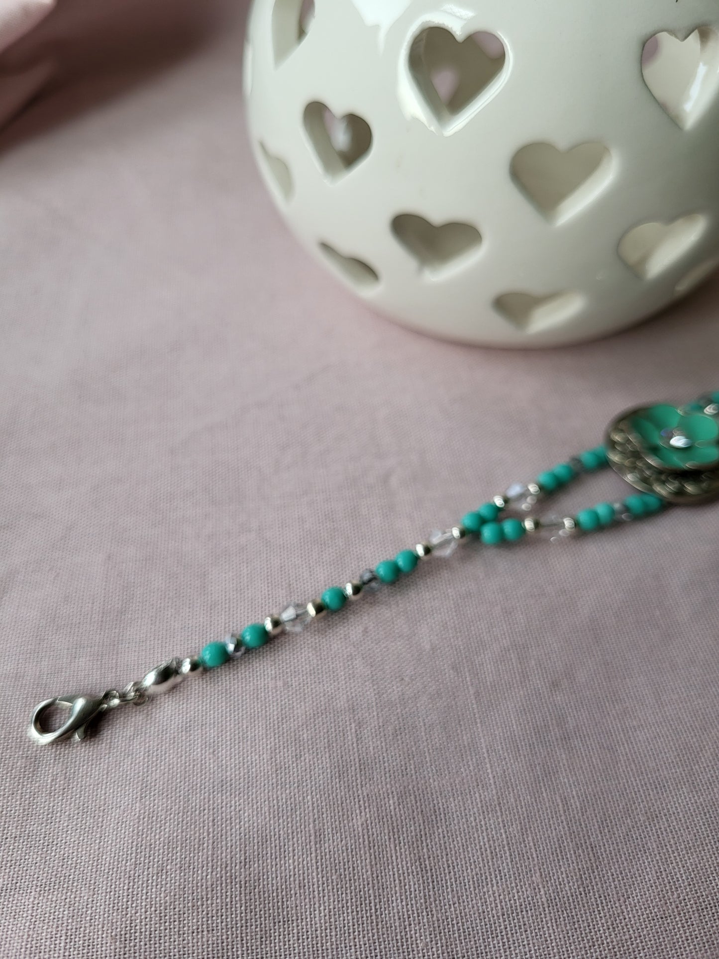 Upcycled Turquoise and Silver Beaded Bracelet with Flower Detail