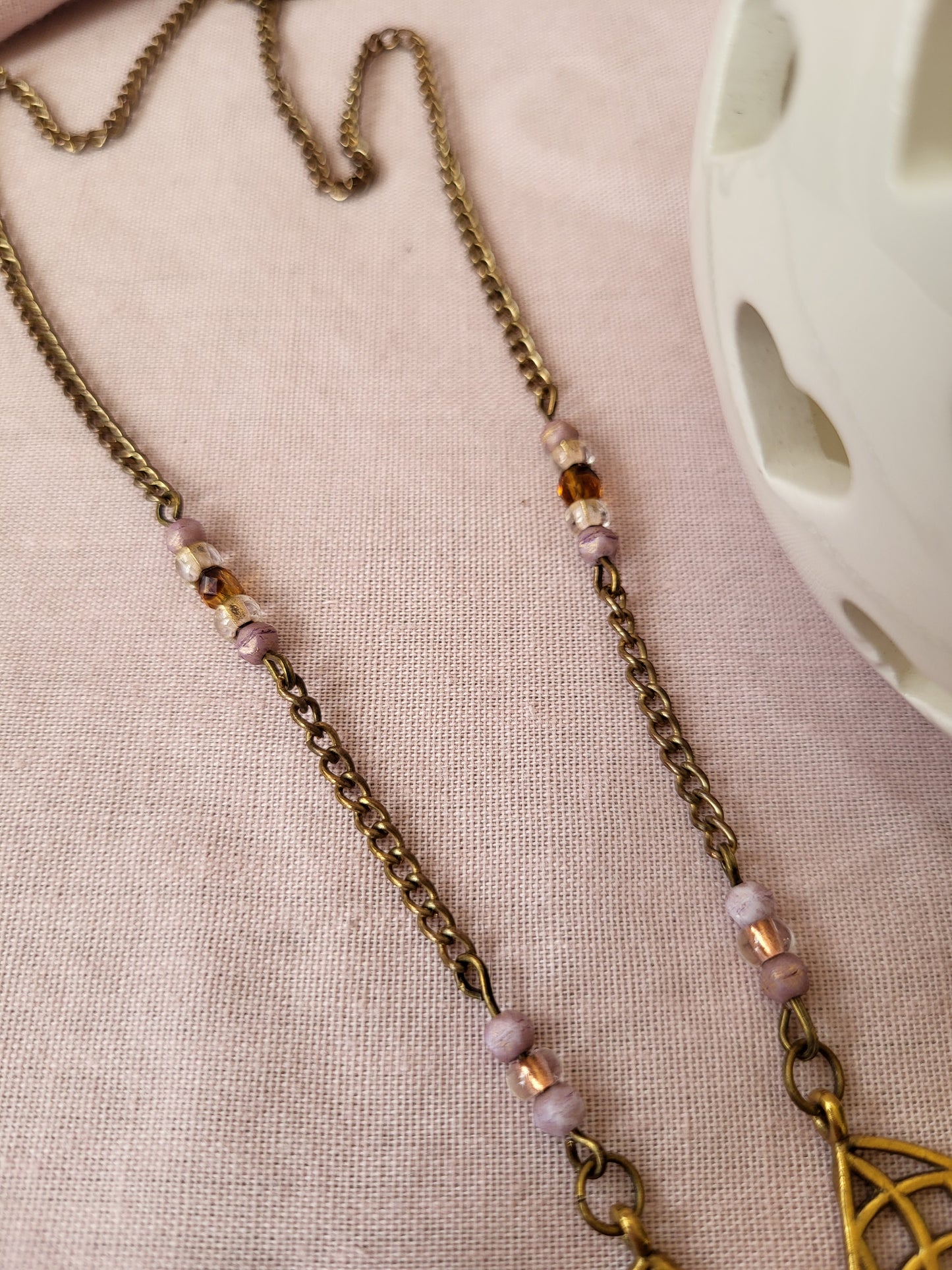 Gold Tone Pendant with Beaded Tassels. Upcycled and One of a Kind