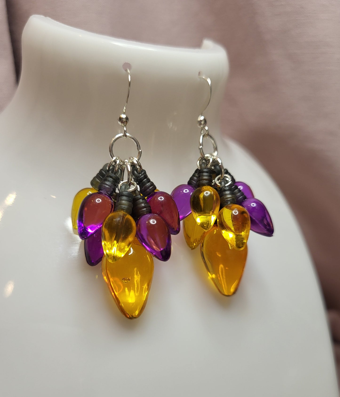 Purple and Gold Christmas Light Statement Earrings. Clip On or Nickel Free Wires. Bold Christmas Earrings. Christmas Jewellery.