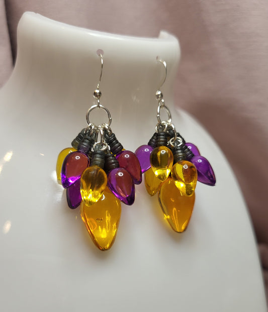 Purple and Gold Christmas Light Statement Earrings. Clip On or Nickel Free Wires. Bold Christmas Earrings. Christmas Jewellery.