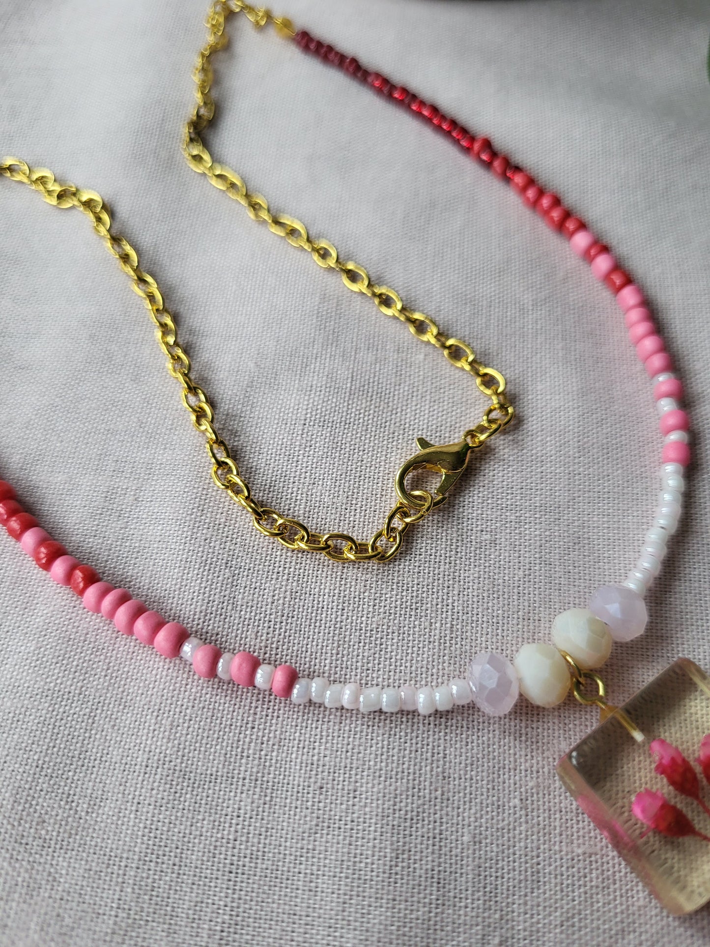 Red, Pink and White Floral Dainty Beaded Upcycled Necklace