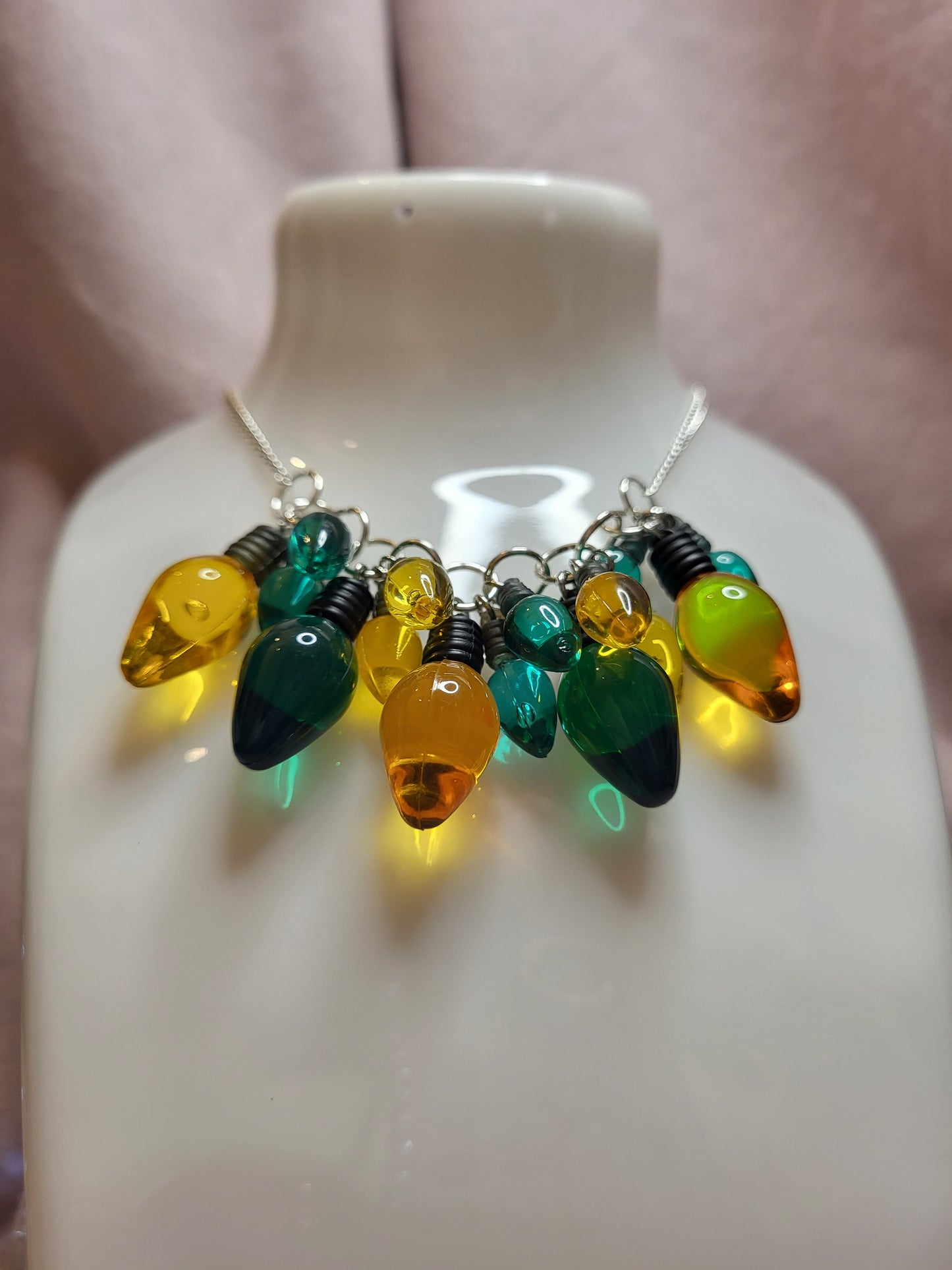 Green and Gold Christmas Lights Statement Bib Necklace. Bold Christmas Necklace. Fairy Lights Jewellery