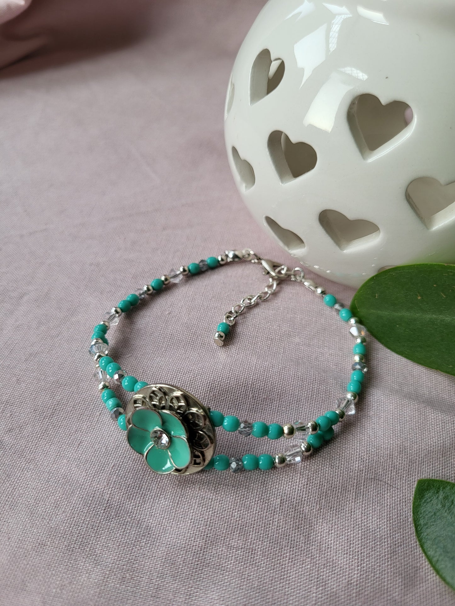 Upcycled Turquoise and Silver Beaded Bracelet with Flower Detail