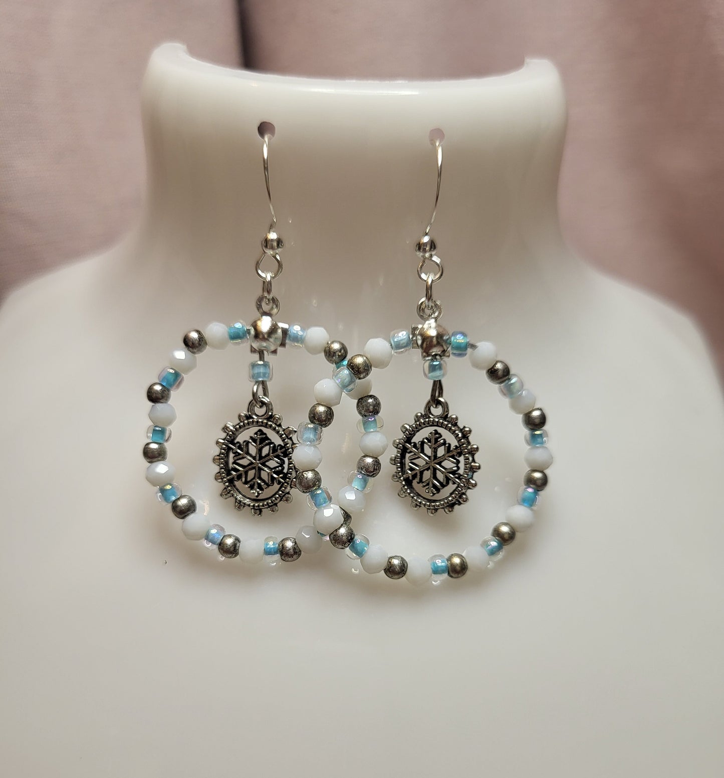 Blue, White and Silver Snowflake Beaded Ring Earrings. Clip On or Nickel Free Wires. Christmas Earrings. Xmas Jewellery