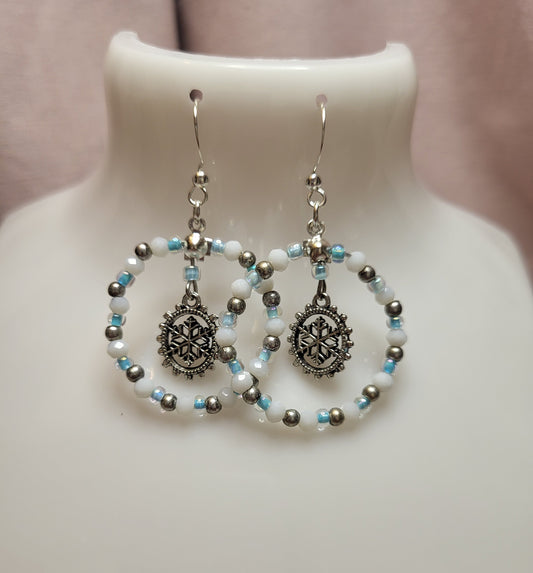 Blue, White and Silver Snowflake Beaded Ring Earrings. Clip On or Nickel Free Wires. Christmas Earrings. Xmas Jewellery