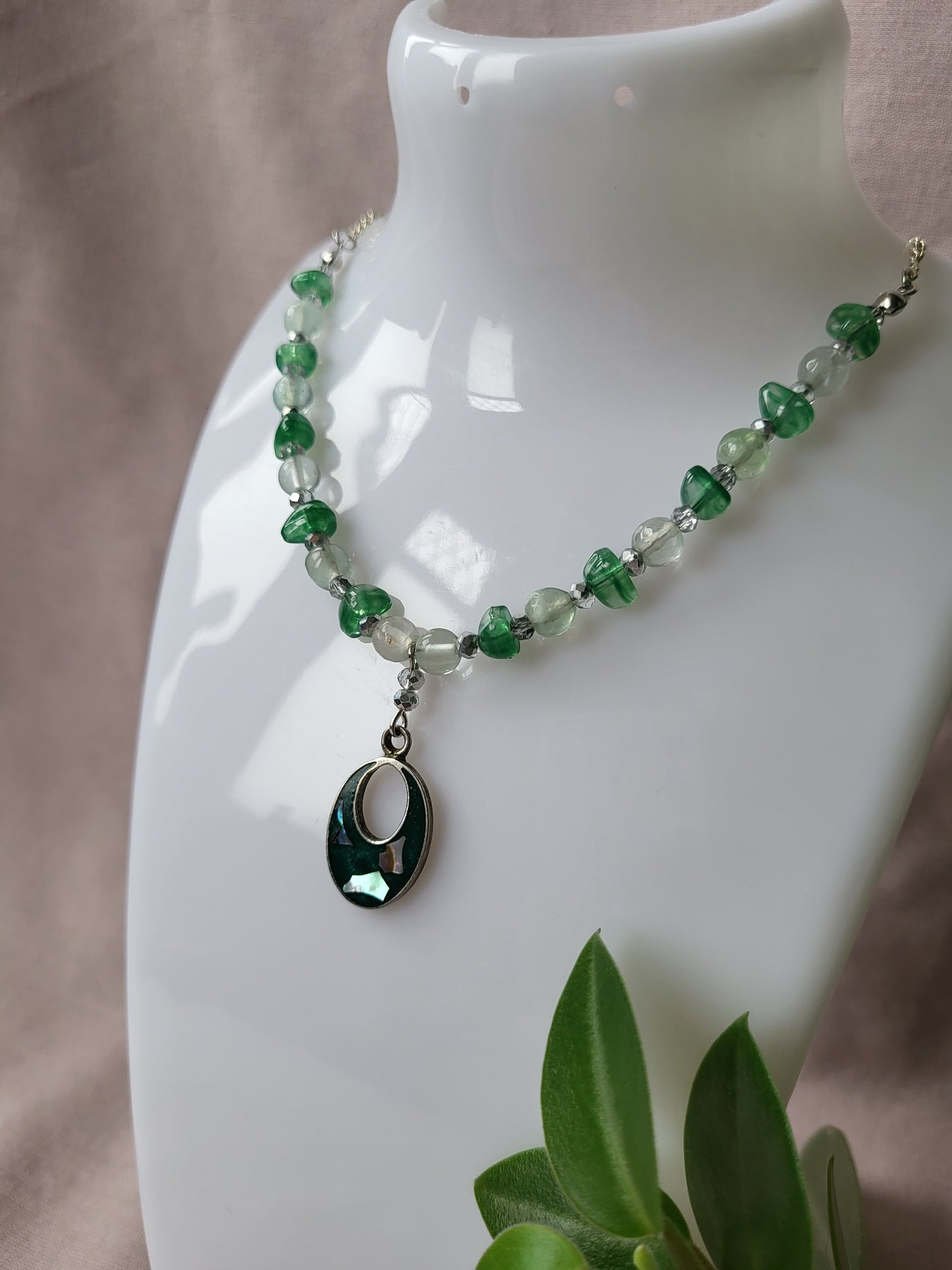 Green and Silver Upcycled Beaded Necklace with Shell Inlay Pendant