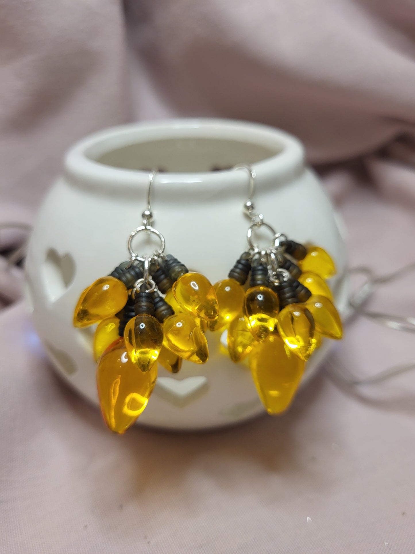 Yellow Gold Christmas Light Statement Earrings. Clip On or Nickel Free Wires. Fairy Light Earrings. Christmas Lover Gift.