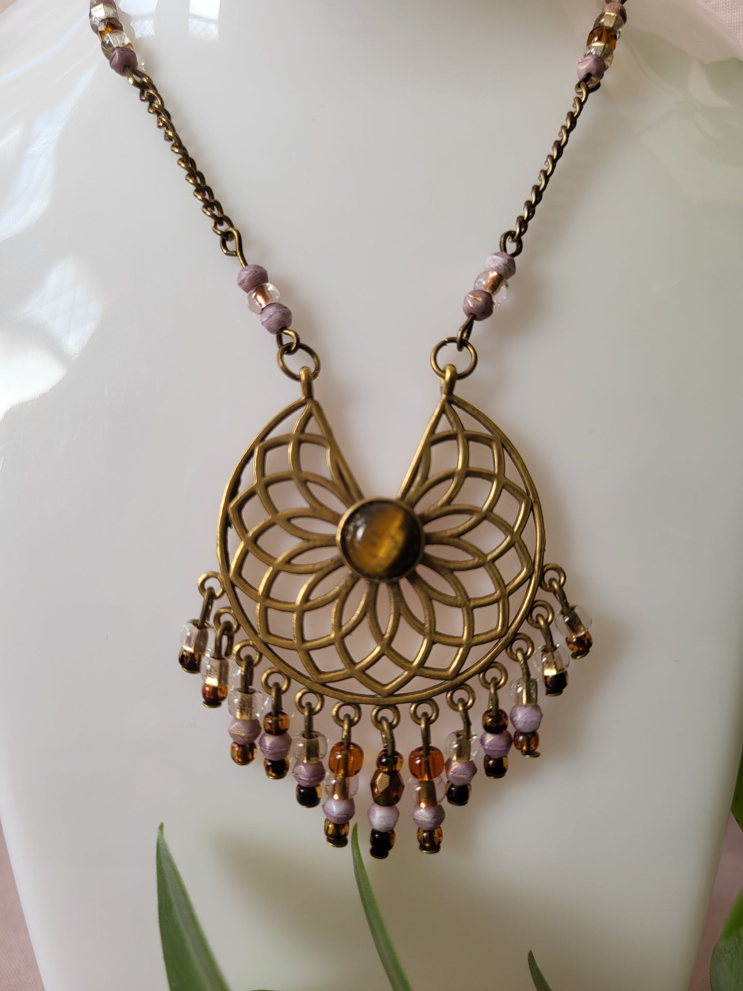Gold Tone Pendant with Beaded Tassels. Upcycled and One of a Kind