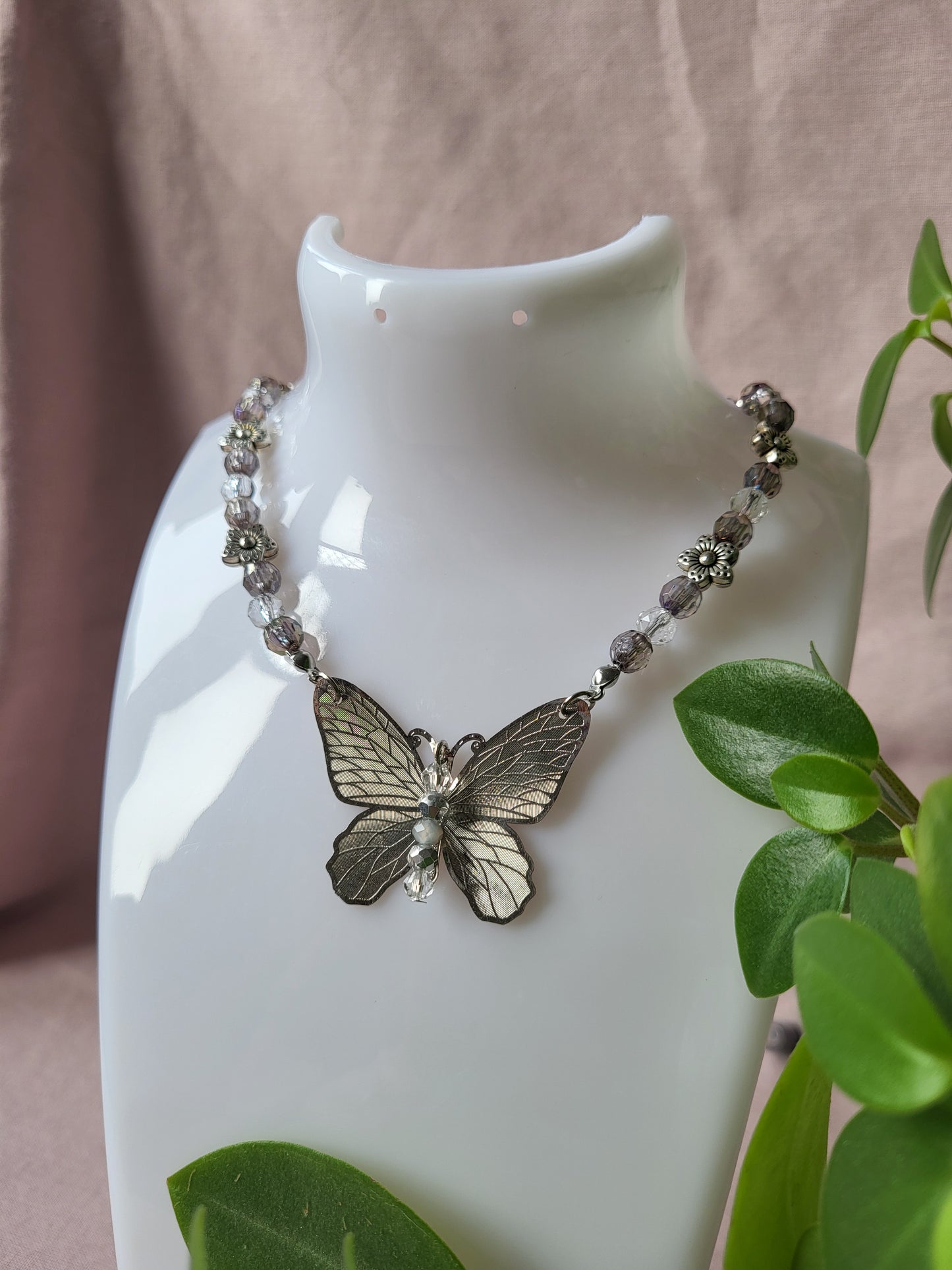 Upcycled Silver Beaded Butterfly Necklace