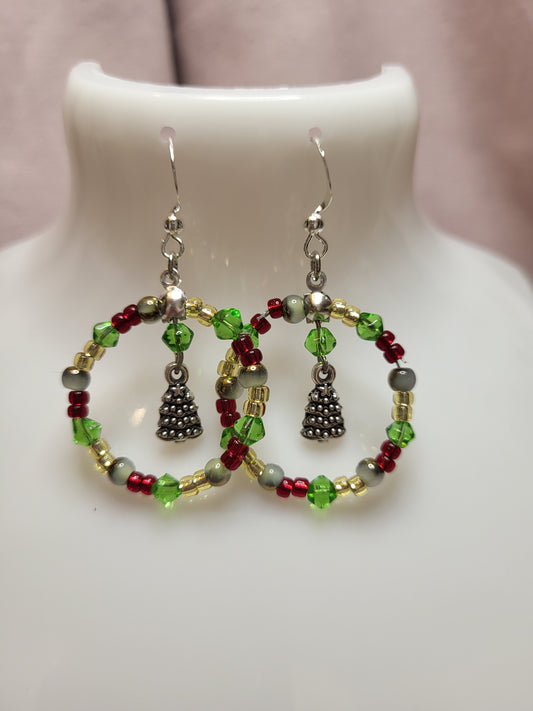 Green, Red and Gold Beaded Christmas Tree Ring Earrings. Clip On or Nickel Free. One of a Kind