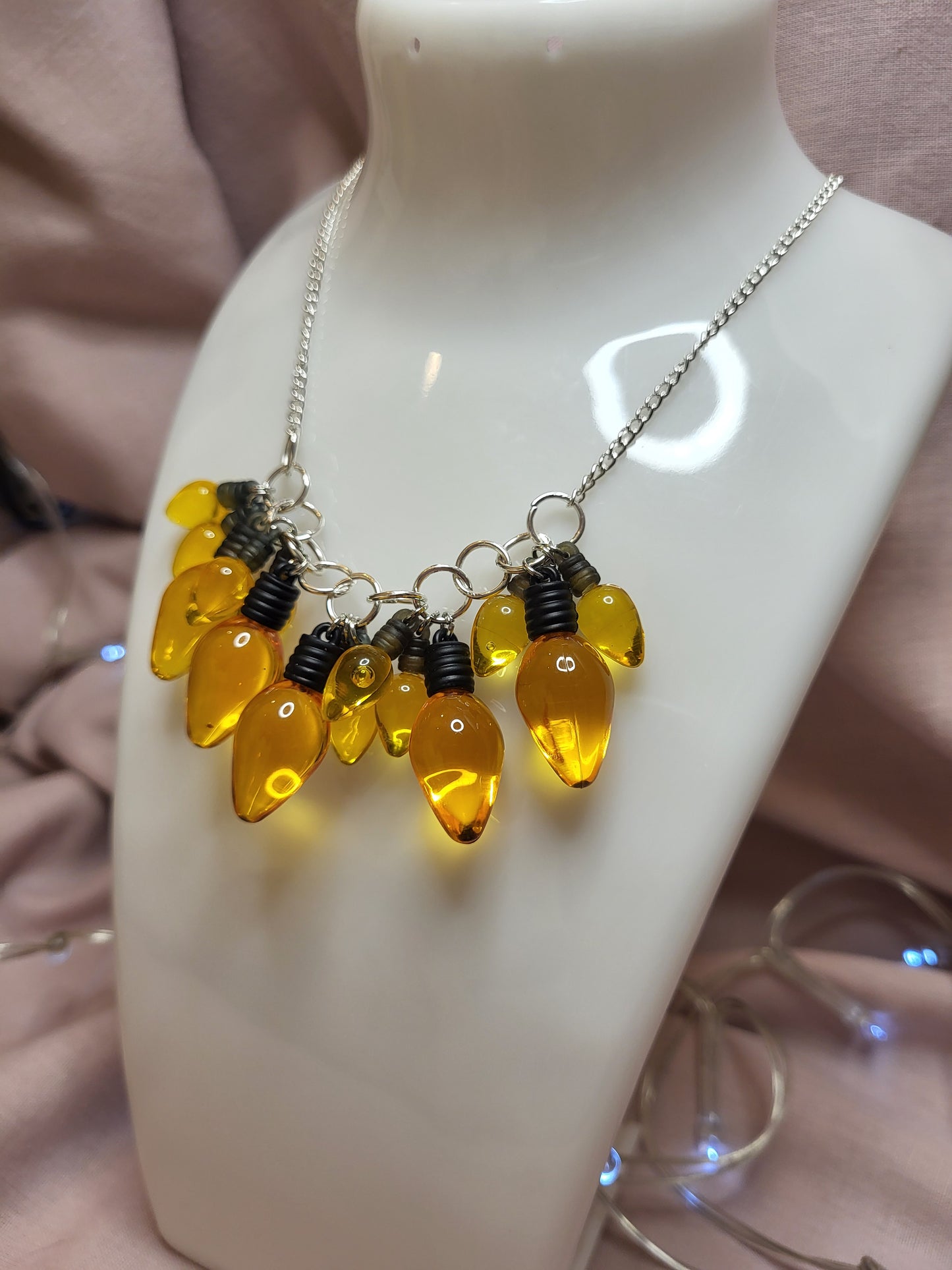 Yellow Gold Christmas Lights Statement Bib Necklace. Yellow Jewellery. Fun Christmas Jewellery. Bold Necklace