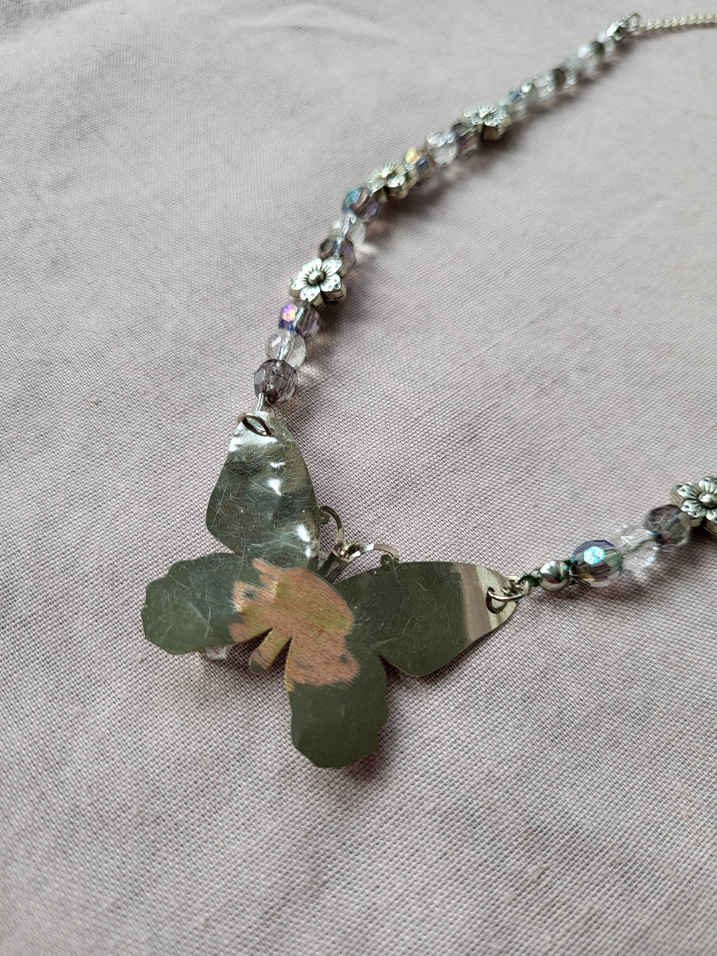 Upcycled Silver Beaded Butterfly Necklace