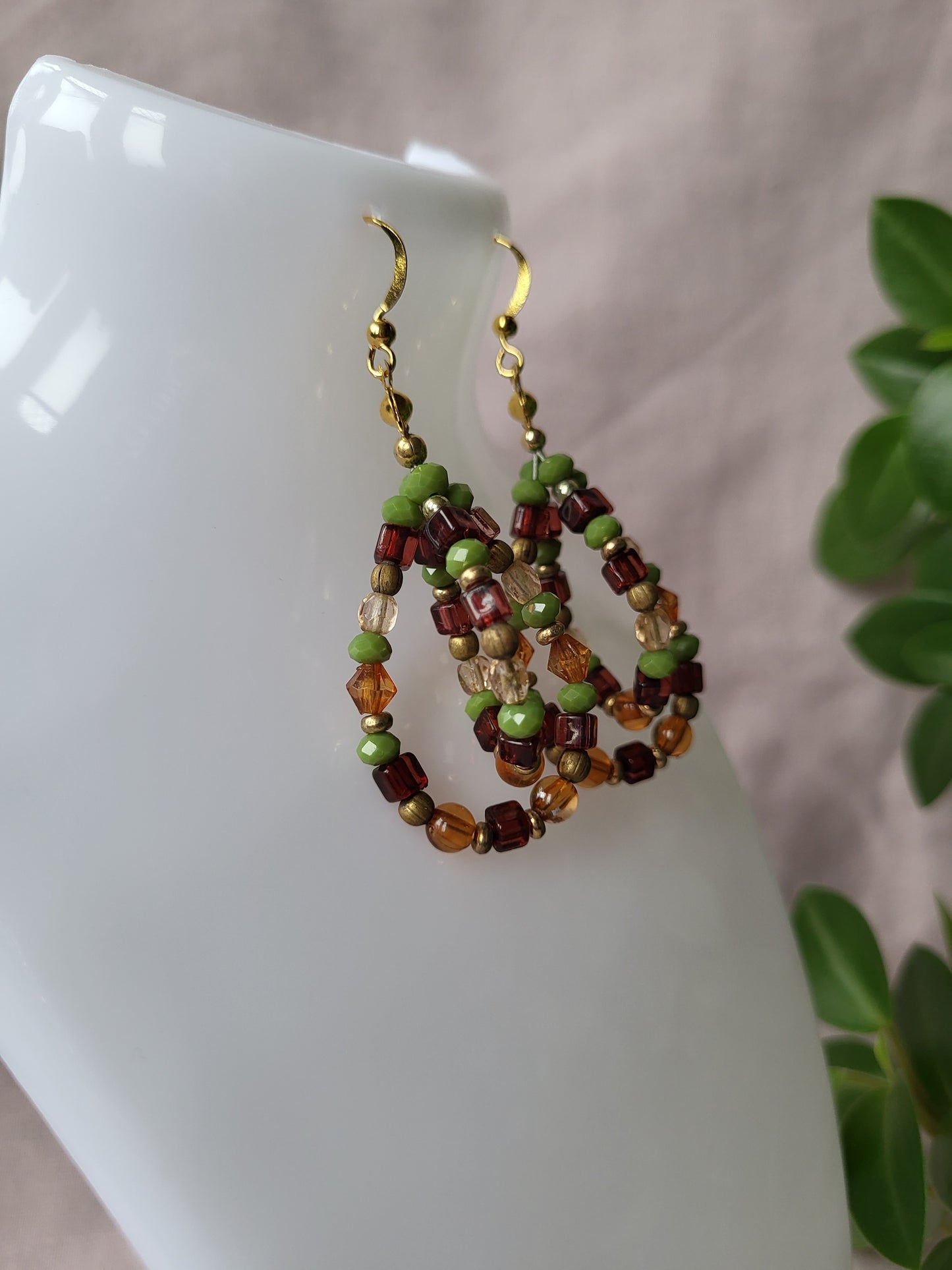 Autumnal Colours Beaded Earrings. Upcycled. Clip On or Wires