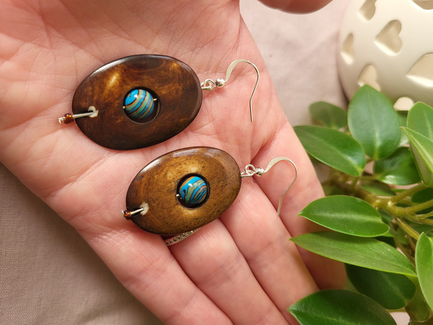 Wood Effect Oval Earrings with Blue Malachite Centre. Upcycled and One of a Kind. Clip On or Nickel Free Wires