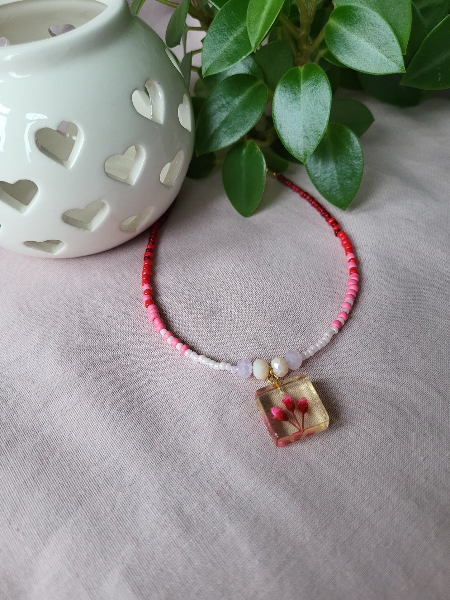 Red, Pink and White Floral Dainty Beaded Upcycled Necklace