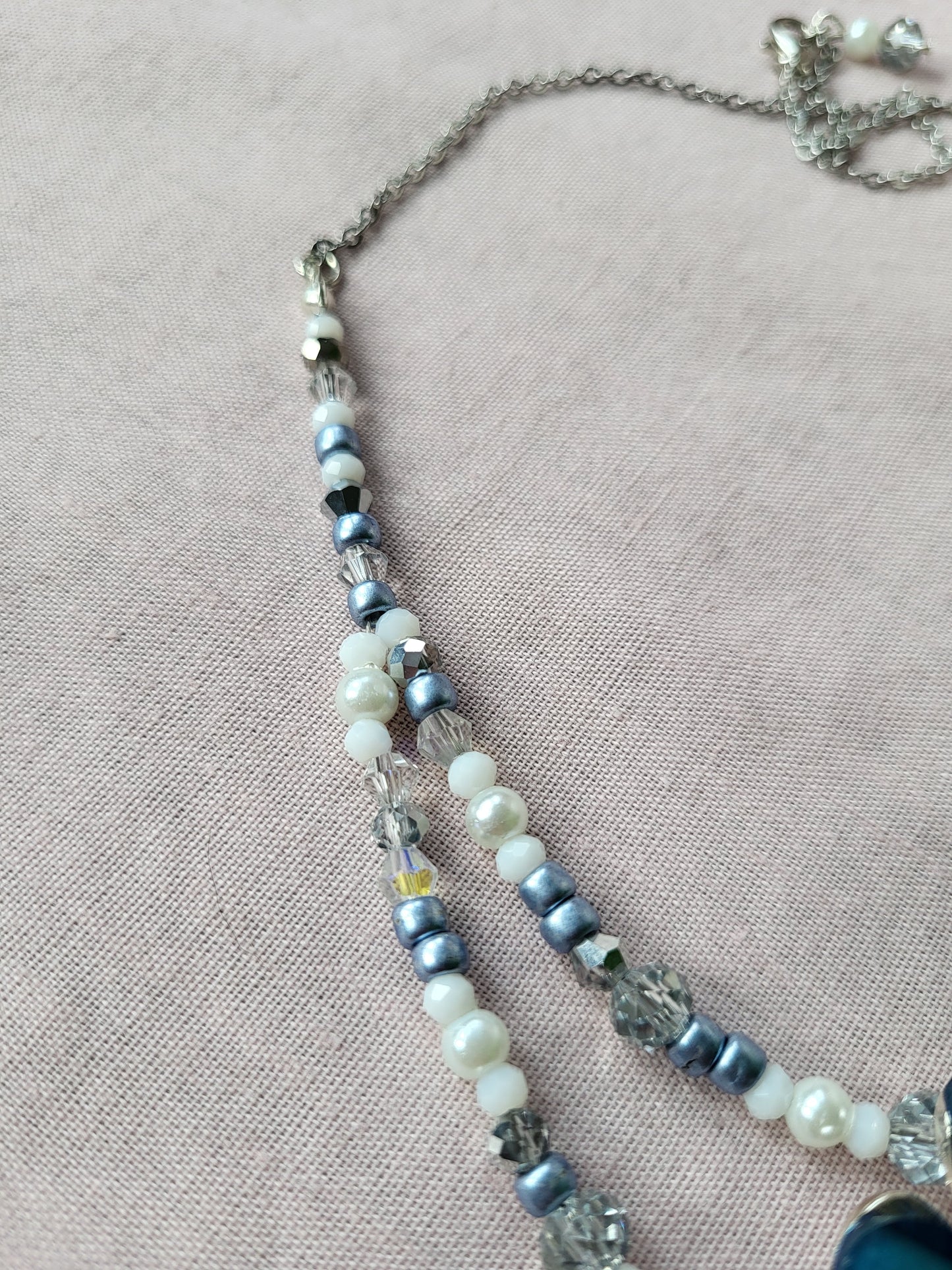 Upcycled Navy Blue and White Flower Beaded Necklace