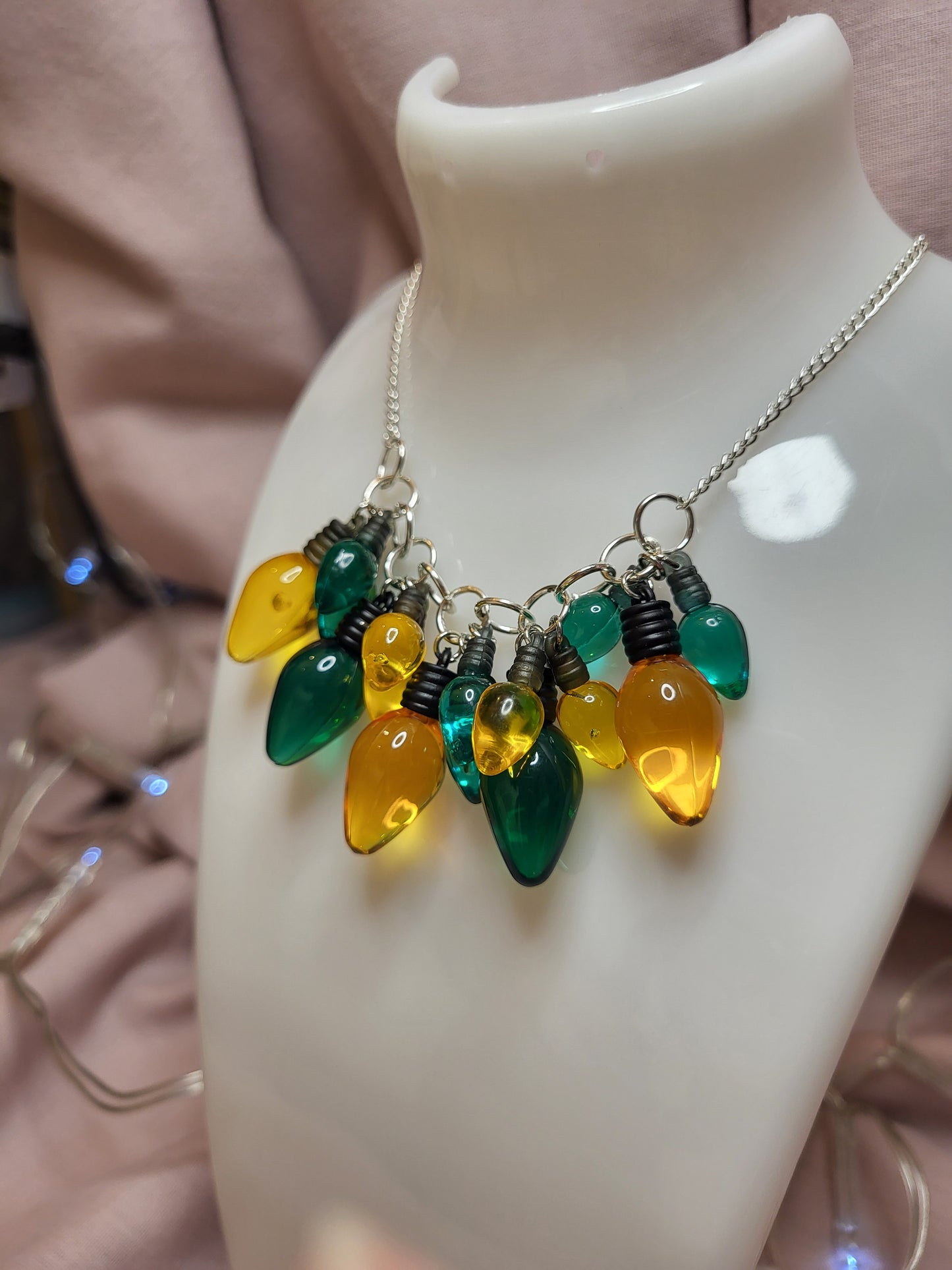 Green and Gold Christmas Lights Statement Bib Necklace. Bold Christmas Necklace. Fairy Lights Jewellery